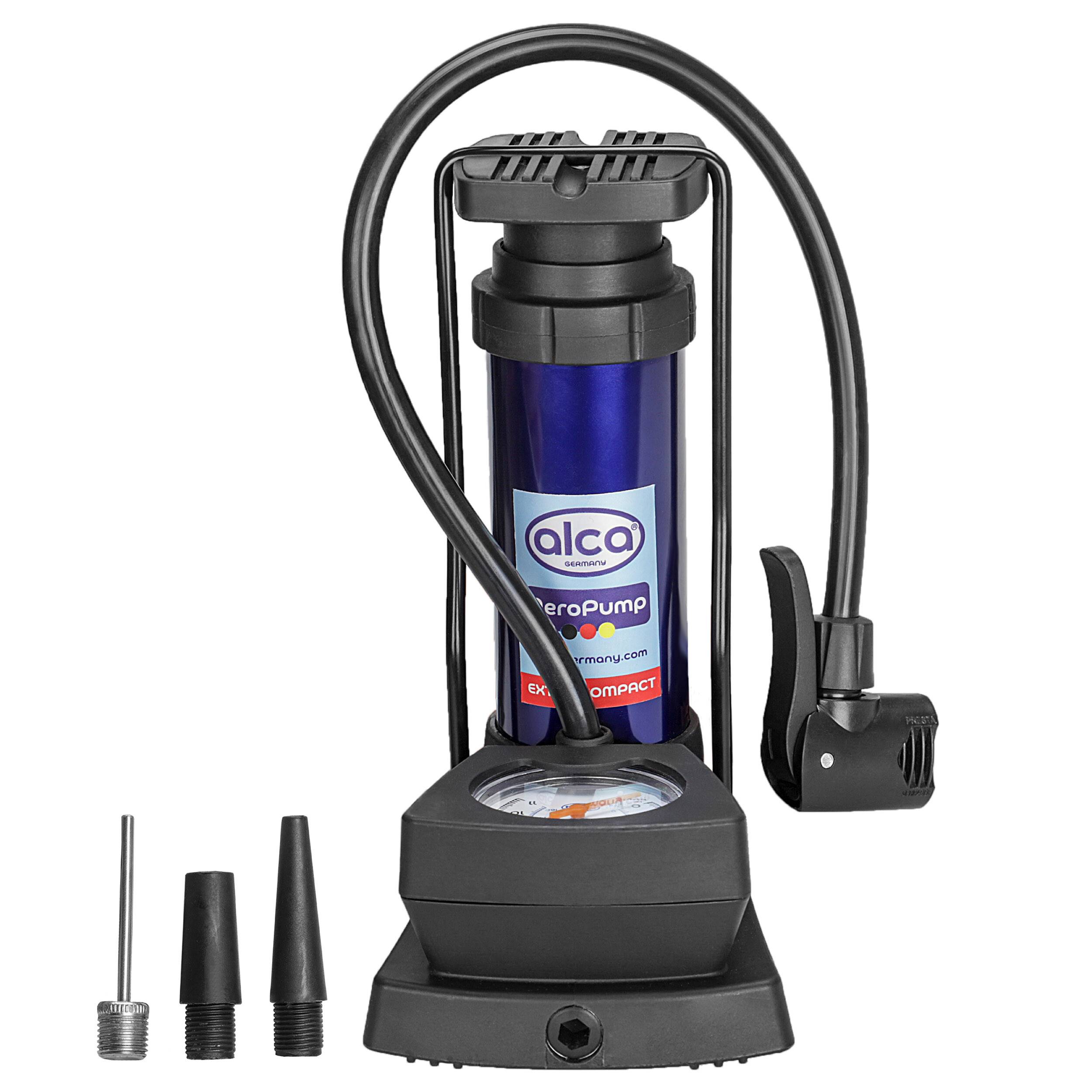 alca® Fußpumpe 11bar mit Manometer und Multiventil für Auto, Fahrrad Handlich bei 410g, Zylinder aus Alulegierung,
