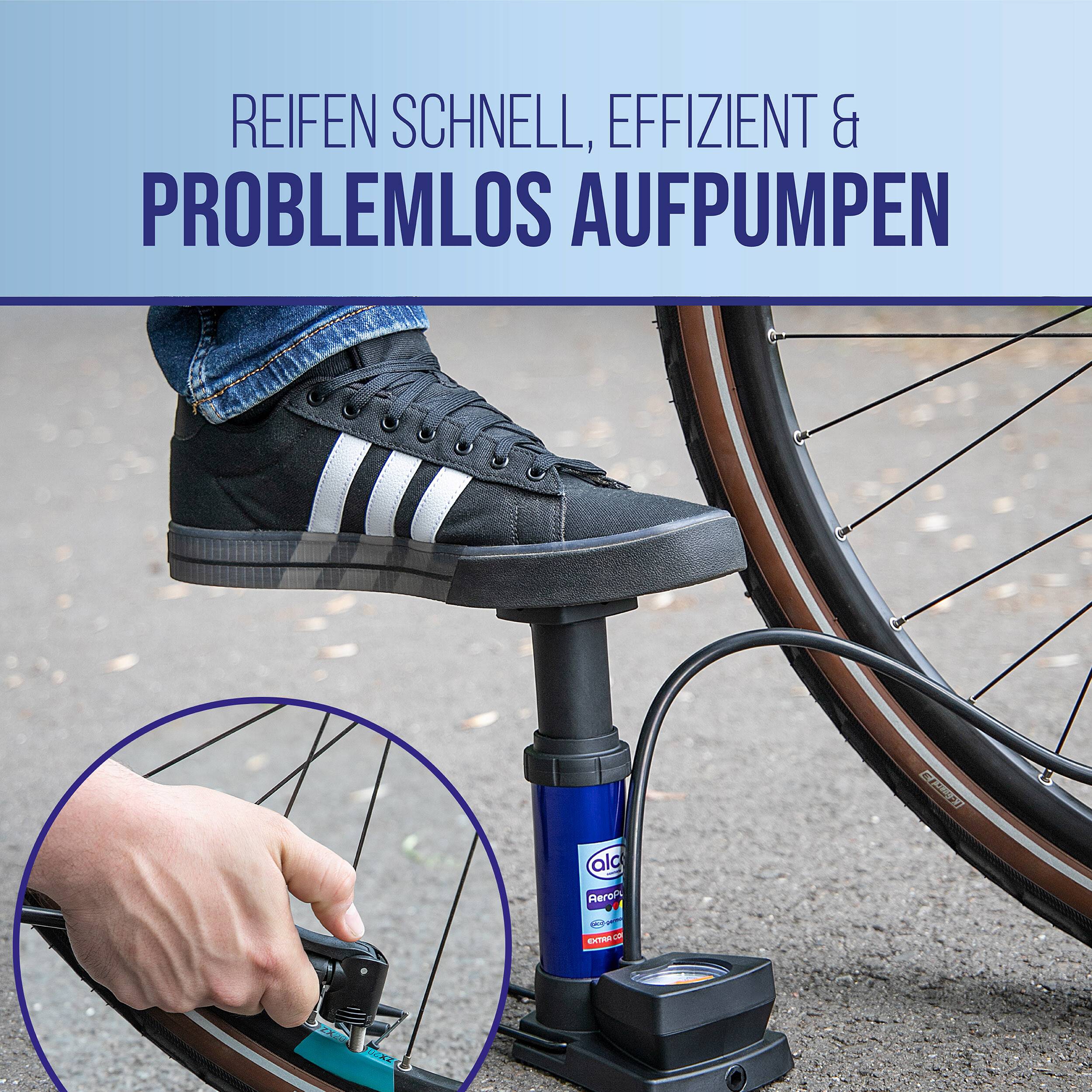alca® Fußpumpe 11bar mit Manometer und Multiventil für Auto, Fahrrad Handlich bei 410g, Zylinder aus Alulegierung,