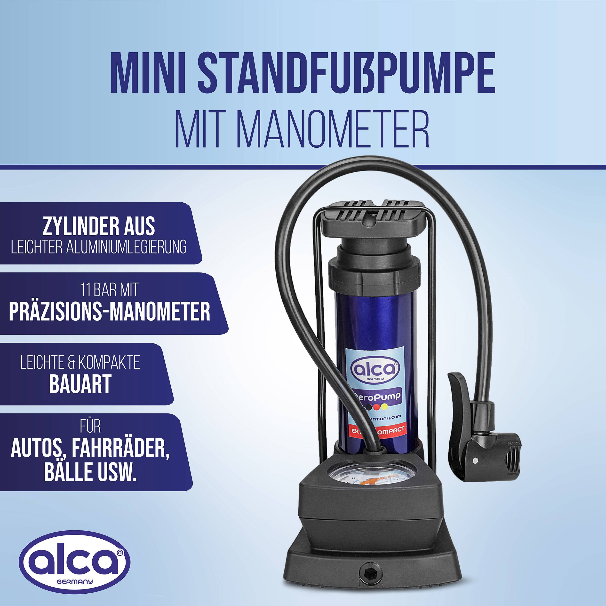 alca® Fußpumpe 11bar mit Manometer und Multiventil für Auto, Fahrrad Handlich bei 410g, Zylinder aus Alulegierung,