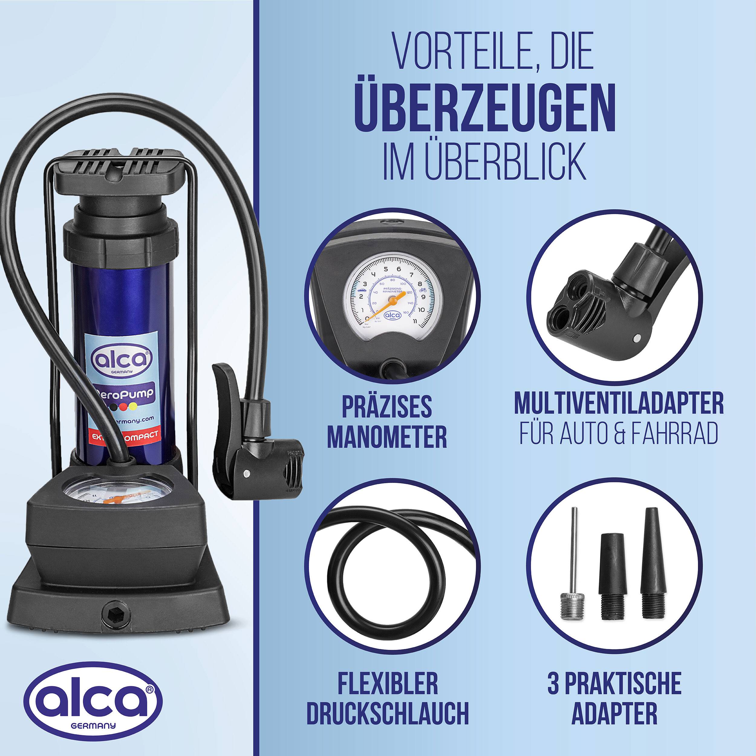 alca® Fußpumpe 11bar mit Manometer und Multiventil für Auto, Fahrrad Handlich bei 410g, Zylinder aus Alulegierung,