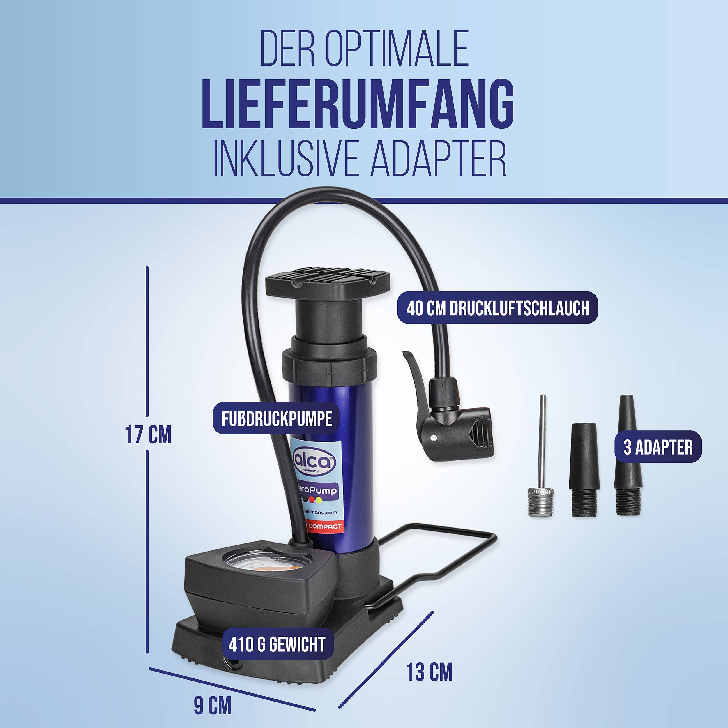 alca® Fußpumpe 11bar mit Manometer und Multiventil für Auto, Fahrrad Handlich bei 410g, Zylinder aus Alulegierung,