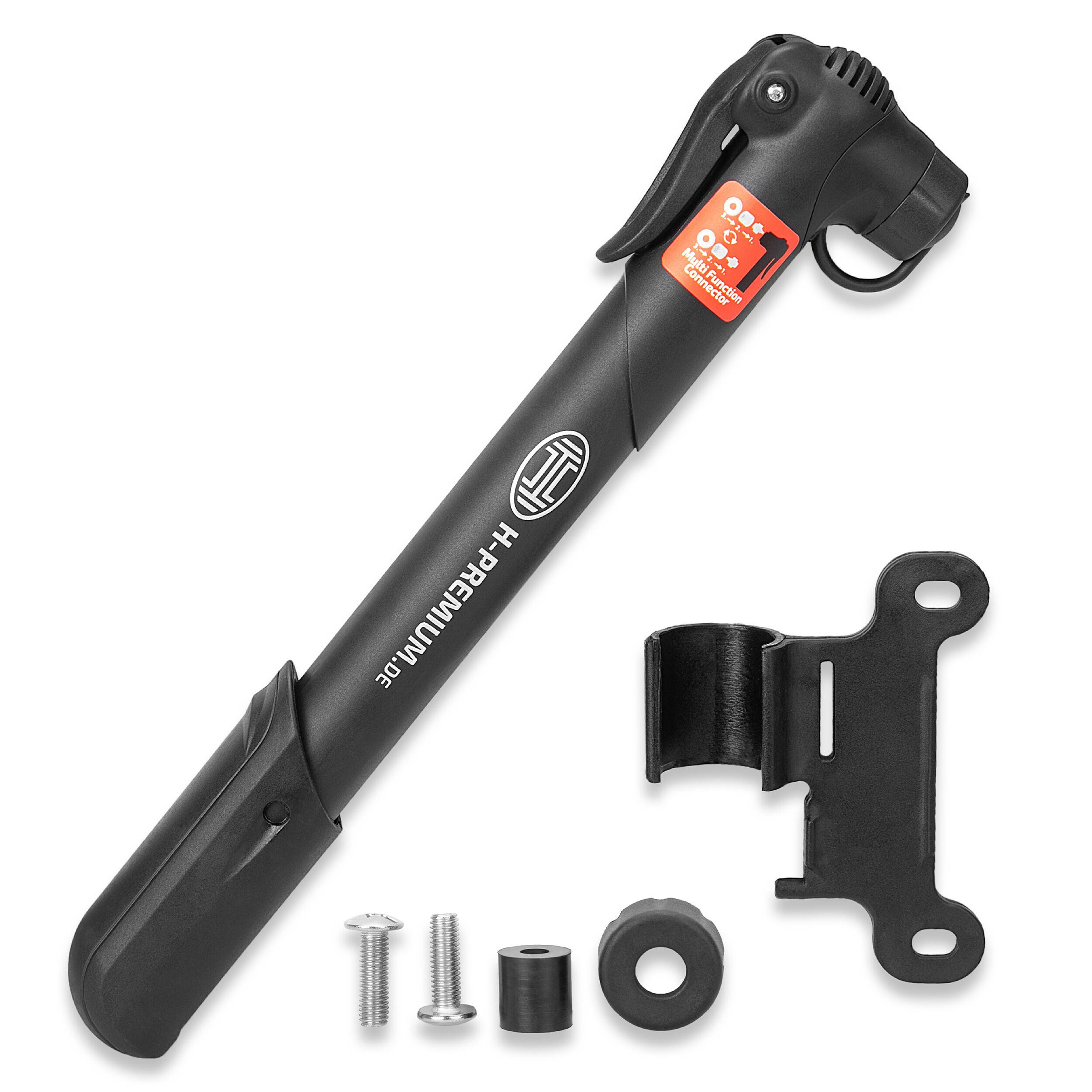 Schwarze Mini-Fahrradpumpe mit Montageklammer und Schrauben. Kompaktes Design, geeignet für tragbare Verwendung, mit Griffgriff.