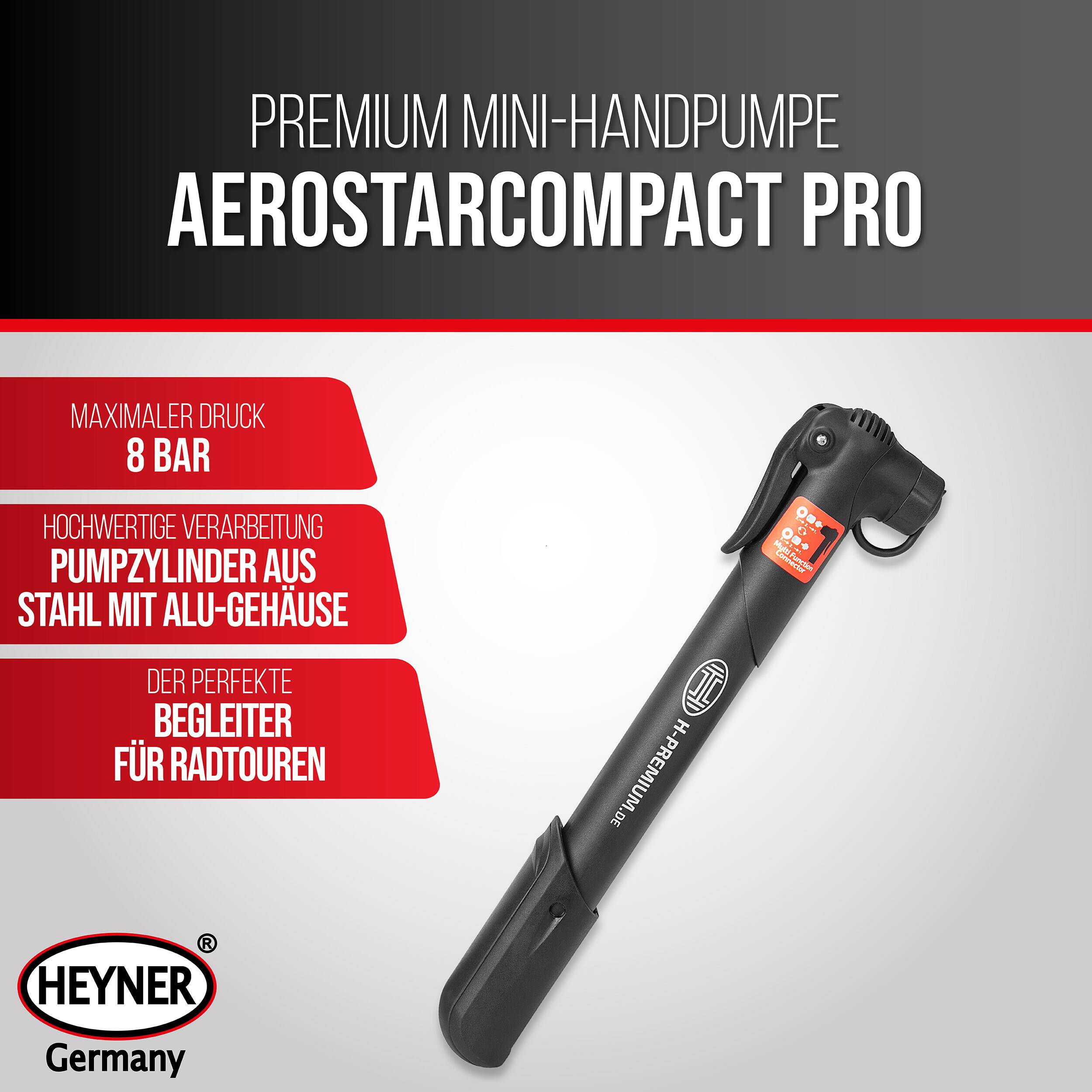 Heyner AerostarCompact Pro Mini-Handpumpe' mit rot-schwarzem Design. Zu den Merkmalen gehören: maximaler Druck 8 bar, Zylinder aus Stahl mit Aluminium-Gehäuse, geeignet für Fahrradtouren.