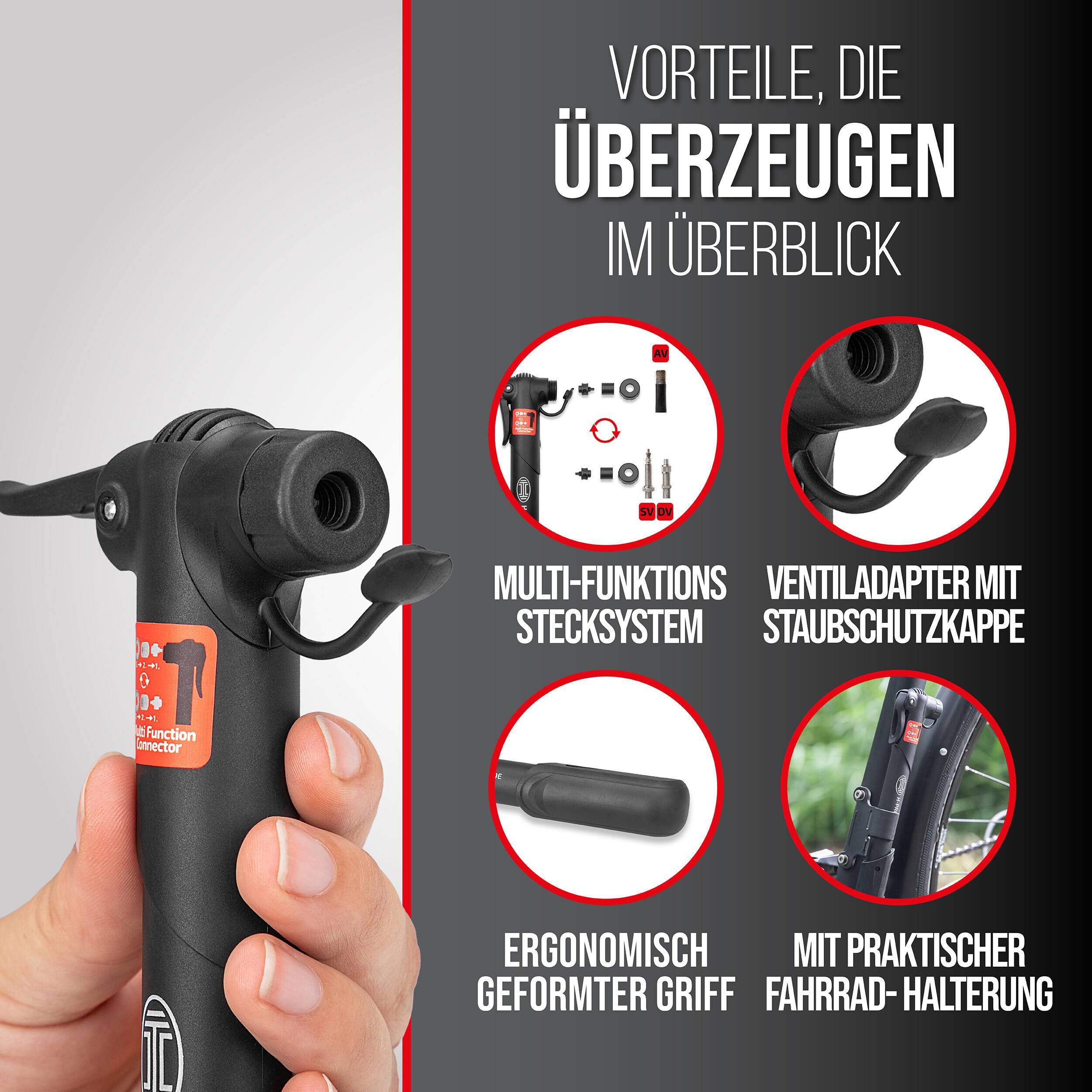 „Person, die ein schwarzes Multifunktionswerkzeug mit folgenden Eigenschaften hält: Schraubendreheradapter, Schutzkappe, ergonomischer Griff und Fahrradsattelhalterung.