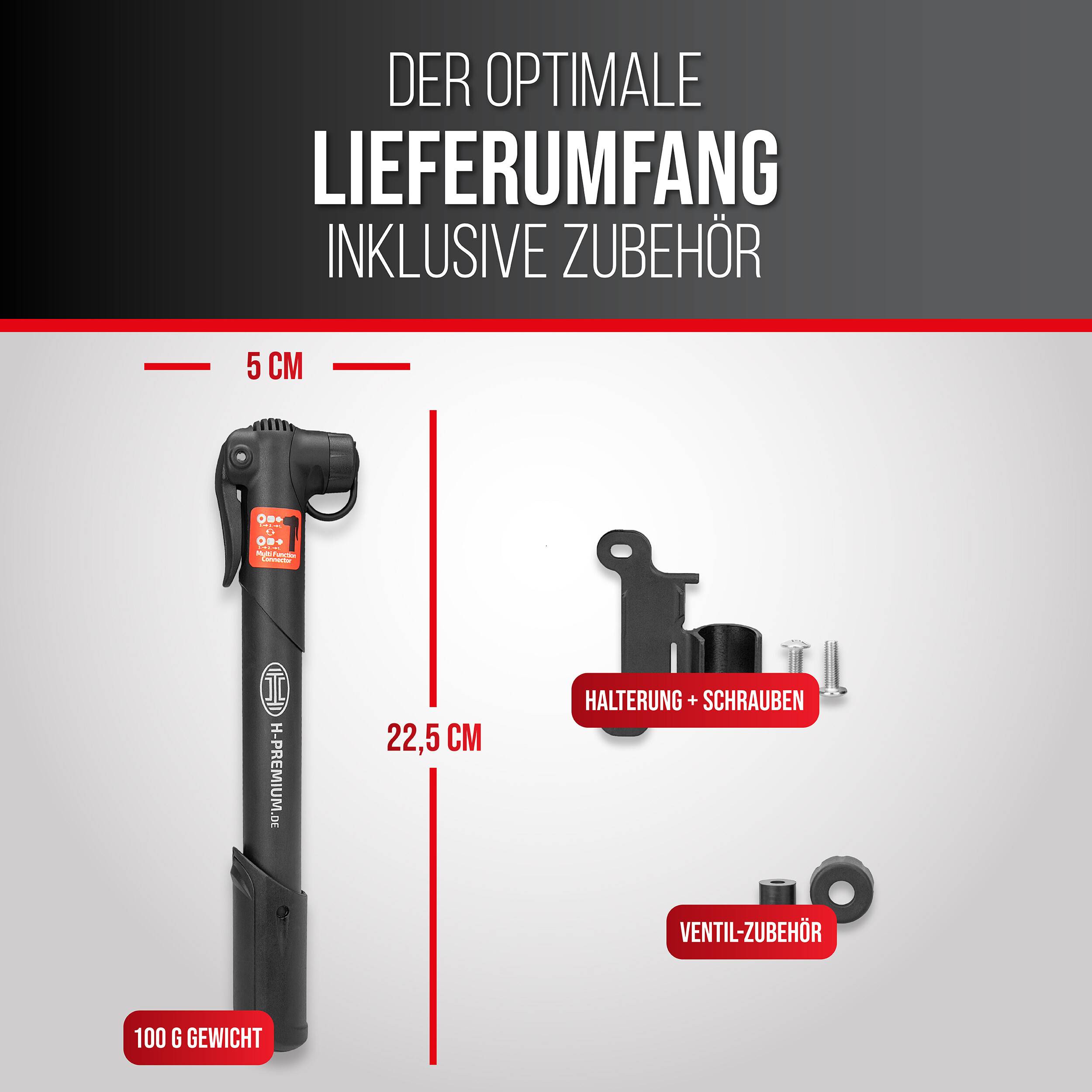 Eine tragbare Pumpe, 22,5 cm hoch, 5 cm breit, gezeigt mit Montageklammer, Schrauben und Ventilzubehör. Der Text lautet: „Der optimale Lieferumfang inklusive Zubehör