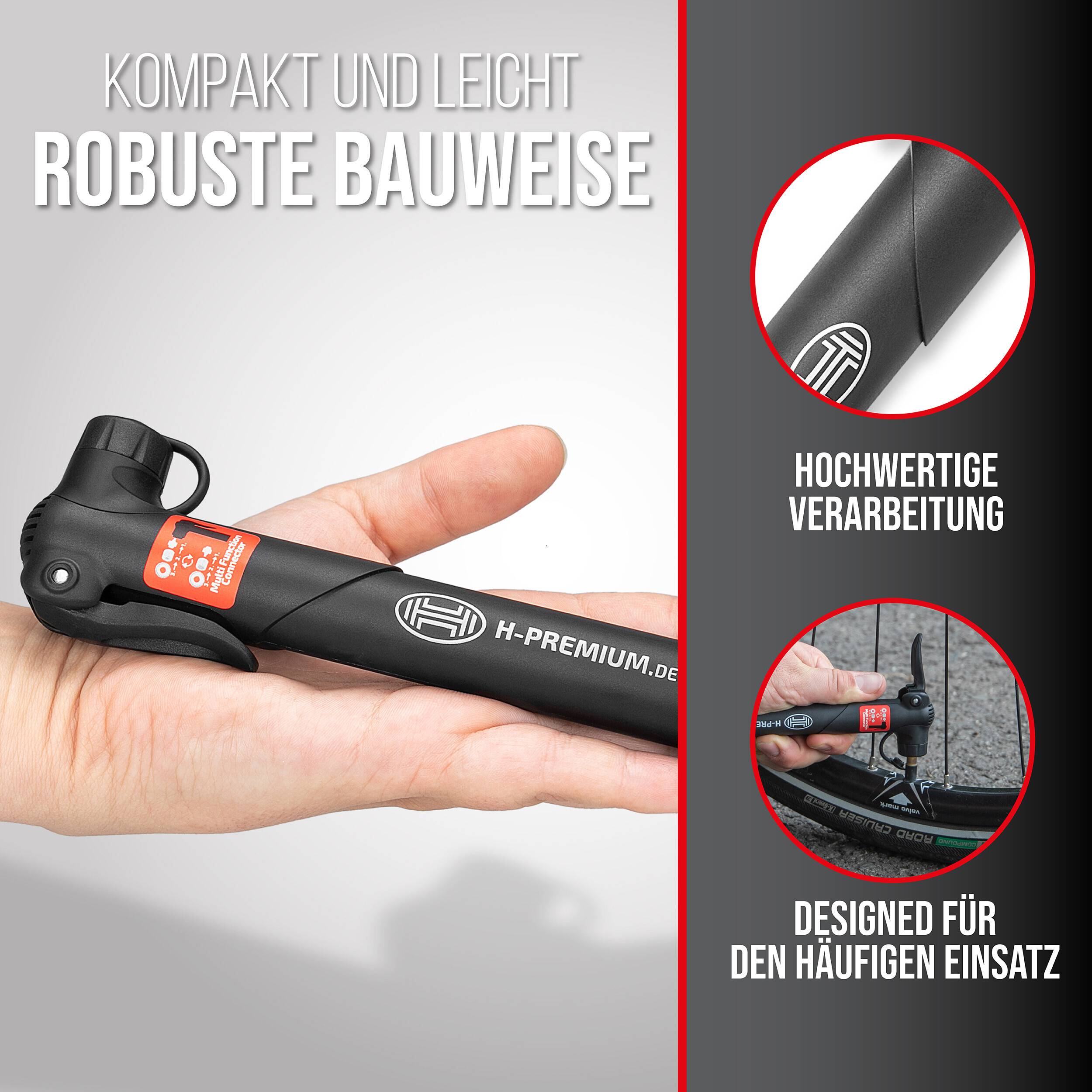 Eine Hand hält eine kompakte schwarze Fahrradpumpe mit der Aufschrift „H-Premium.de