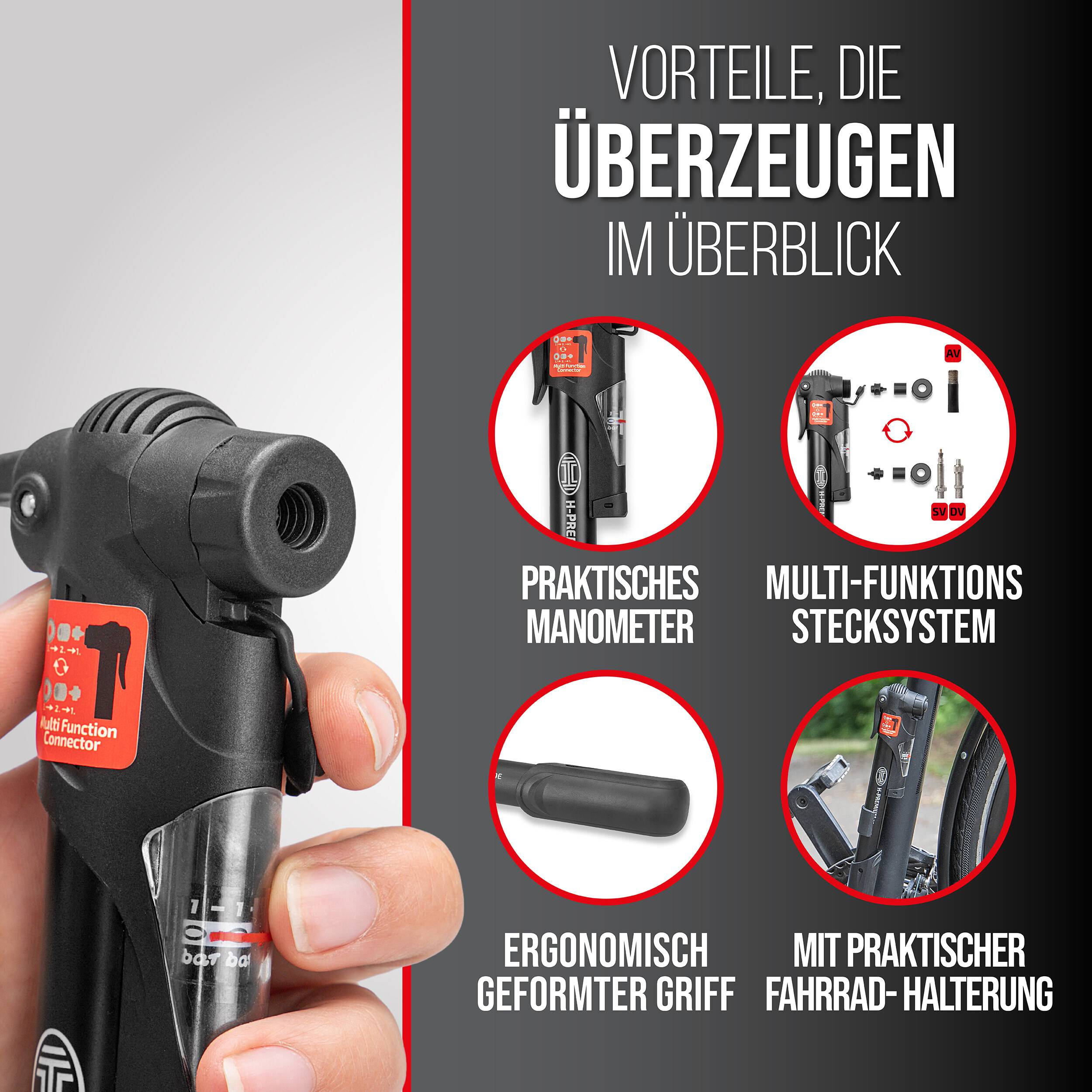 Eine Hand hält eine Fahrradpumpe. Der deutsche Text listet Merkmale auf: Druckmesser, Multifunktionsventil, ergonomischer Griff, praktische Fahrradzwinge.