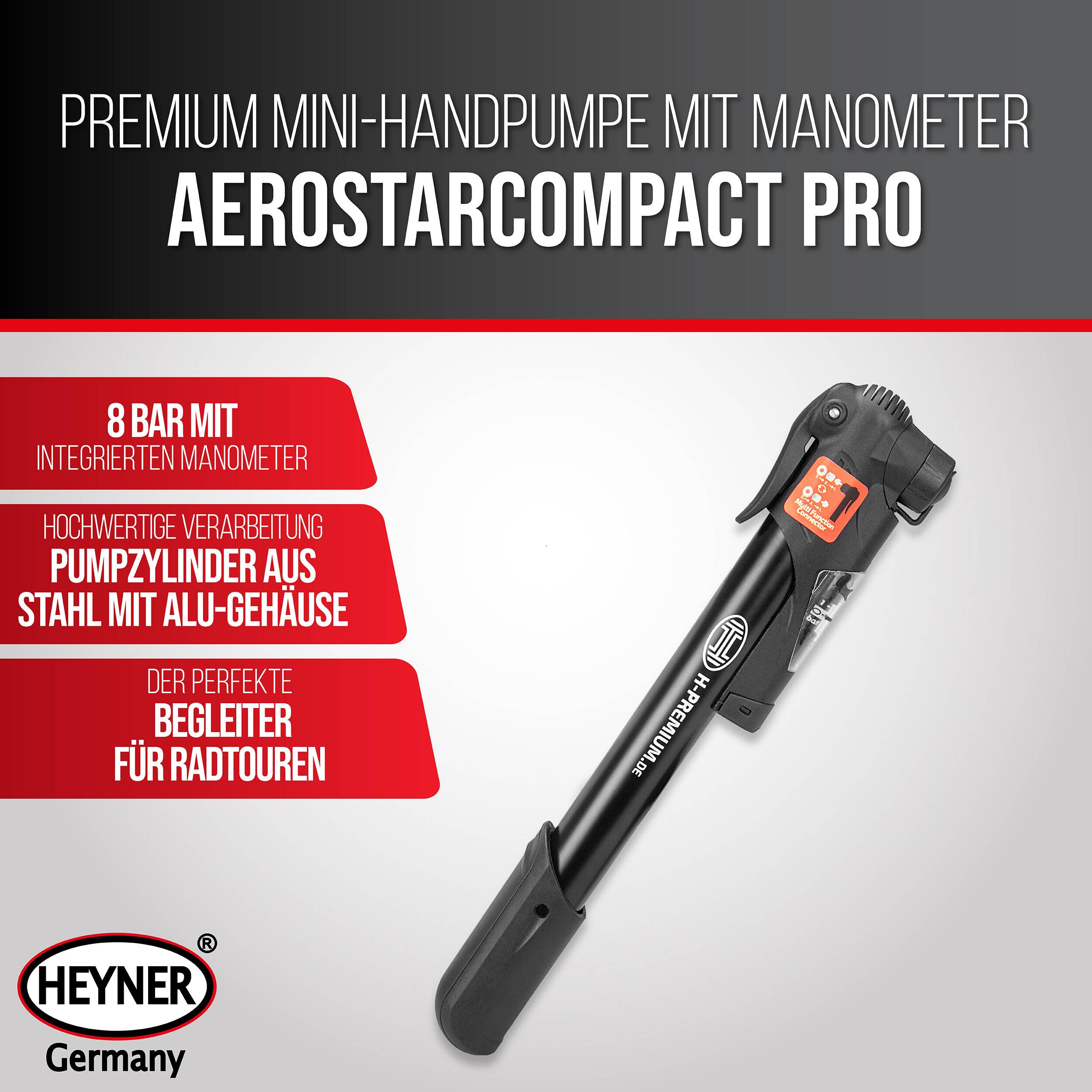 Premium-Mini-Handpumpe mit Manometer, Aerostarcompact Pro, 8 bar, integriertes Manometer, Aluminium-Gehäuse, ideal für Radtouren, Heyner Deutschland Logo.