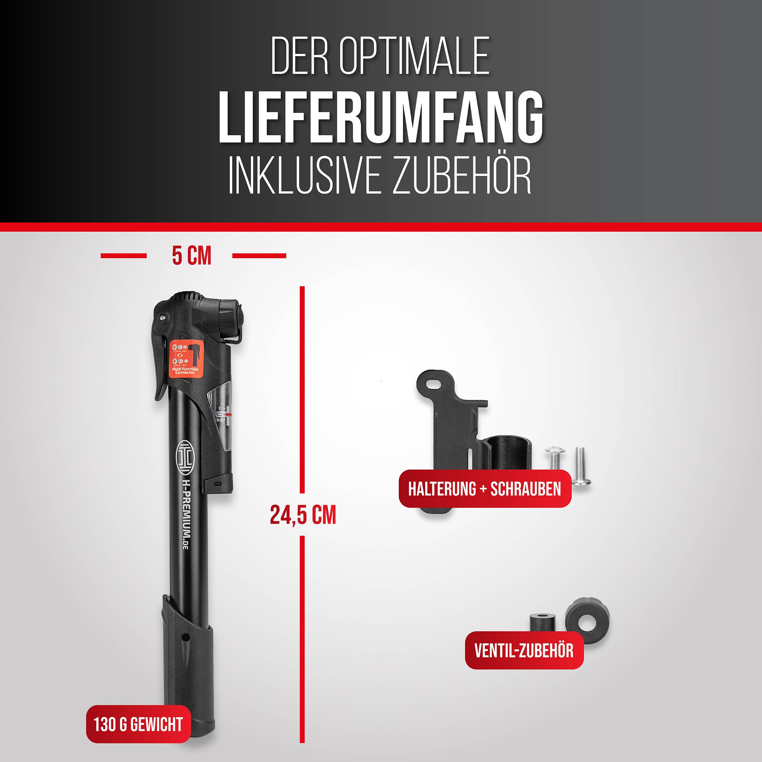 Ein Fahrradpumpensatz mit Abmessungen: Die Pumpe ist 24,5 cm hoch und 5 cm breit. Enthält Halterung, Schrauben und Ventilzubehör.