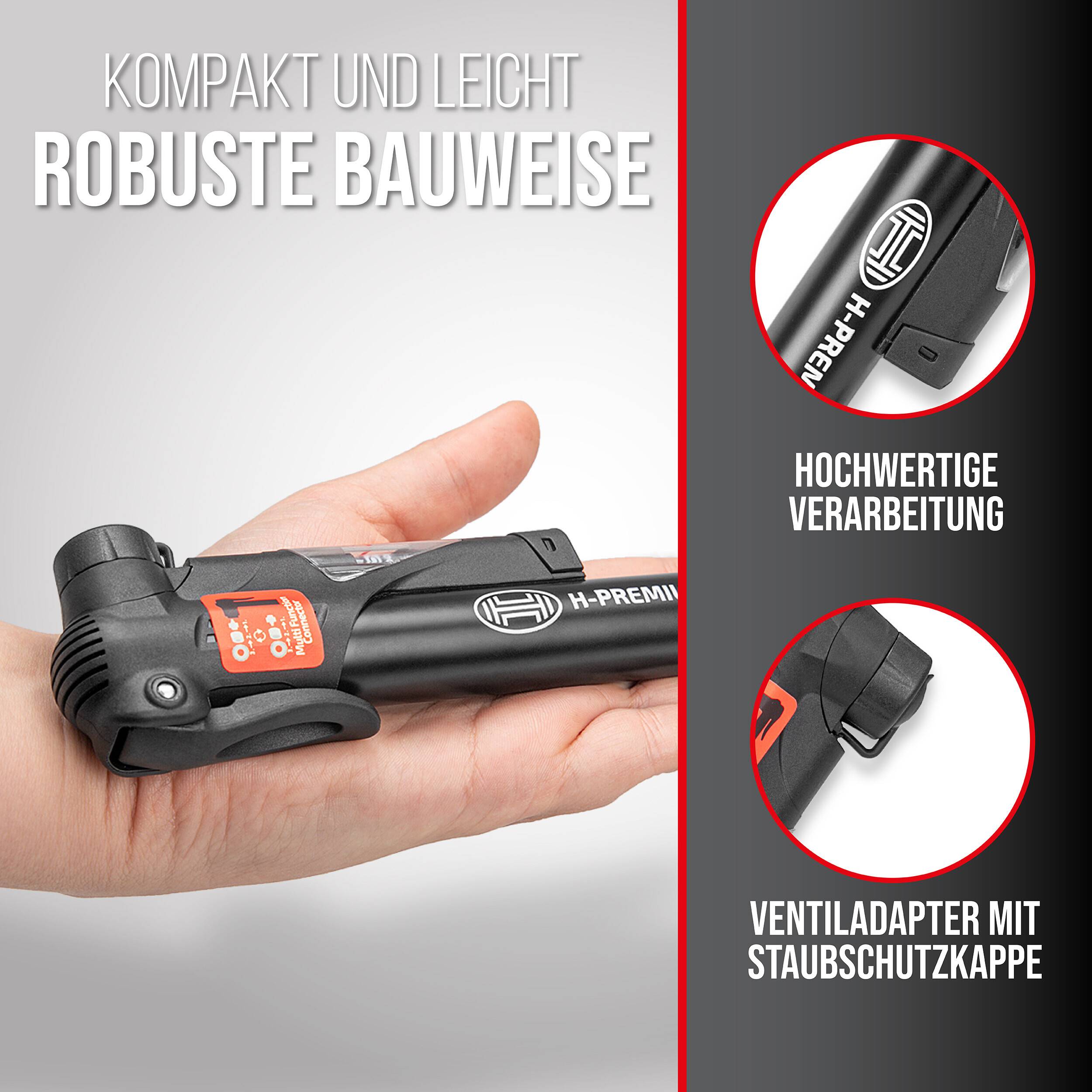 Eine Hand hält eine schwarze kompakte Fahrradpumpe mit der Bezeichnung „H-PREMIUM