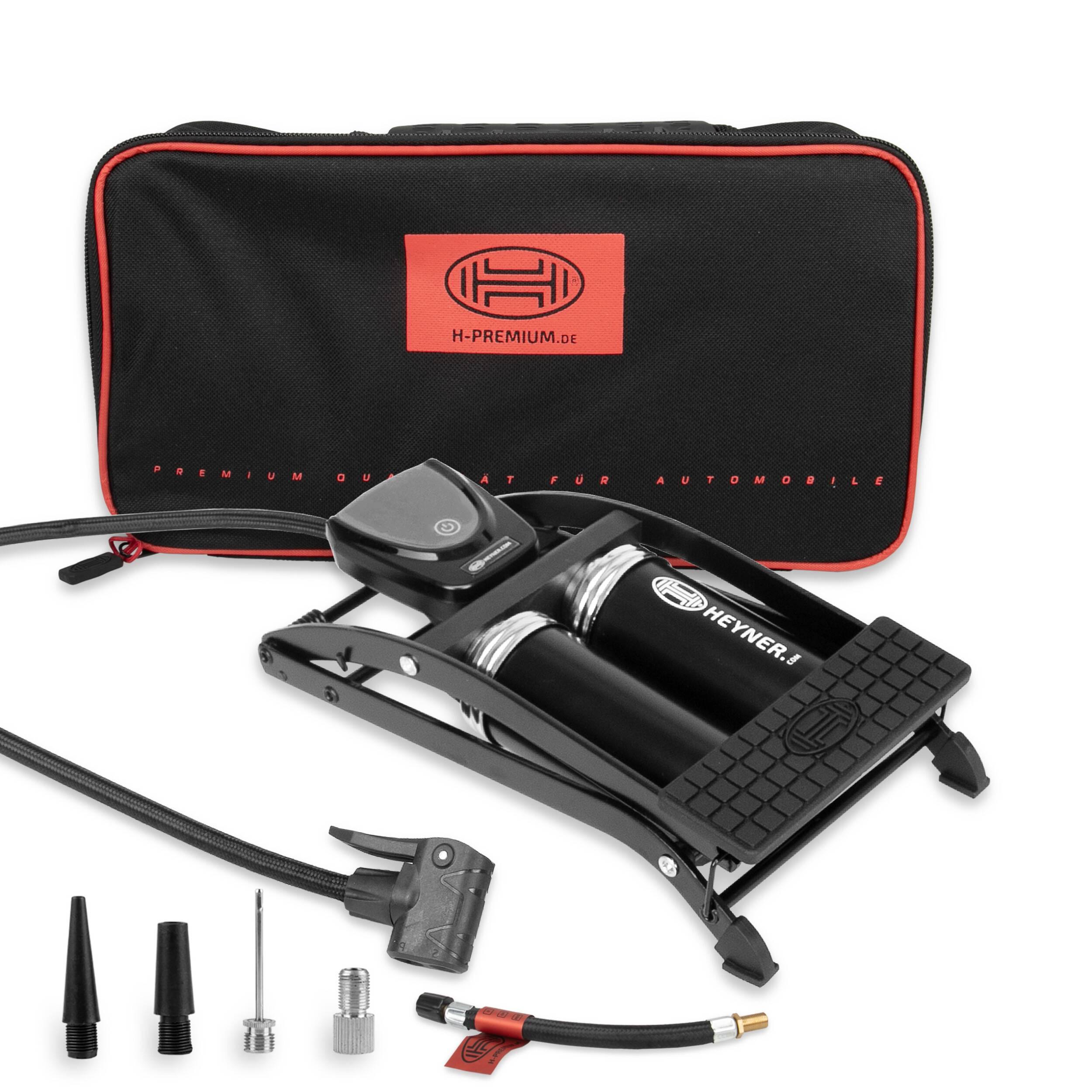 HEYNER® Luftpumpe Fußpumpe Doppelzylinder digitales Manometer + Tasche alle Ventile Auto Motorrad Fahrrad Ball tragbar