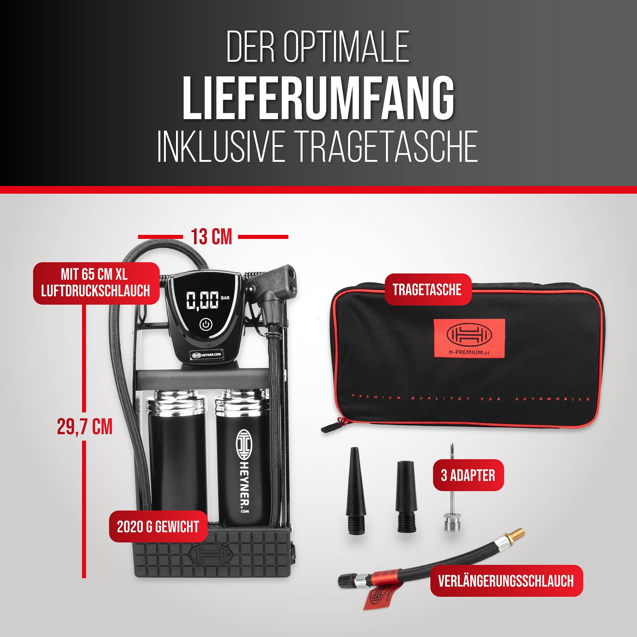 HEYNER® Luftpumpe Fußpumpe Doppelzylinder digitales Manometer + Tasche alle Ventile Auto Motorrad Fahrrad Ball tragbar