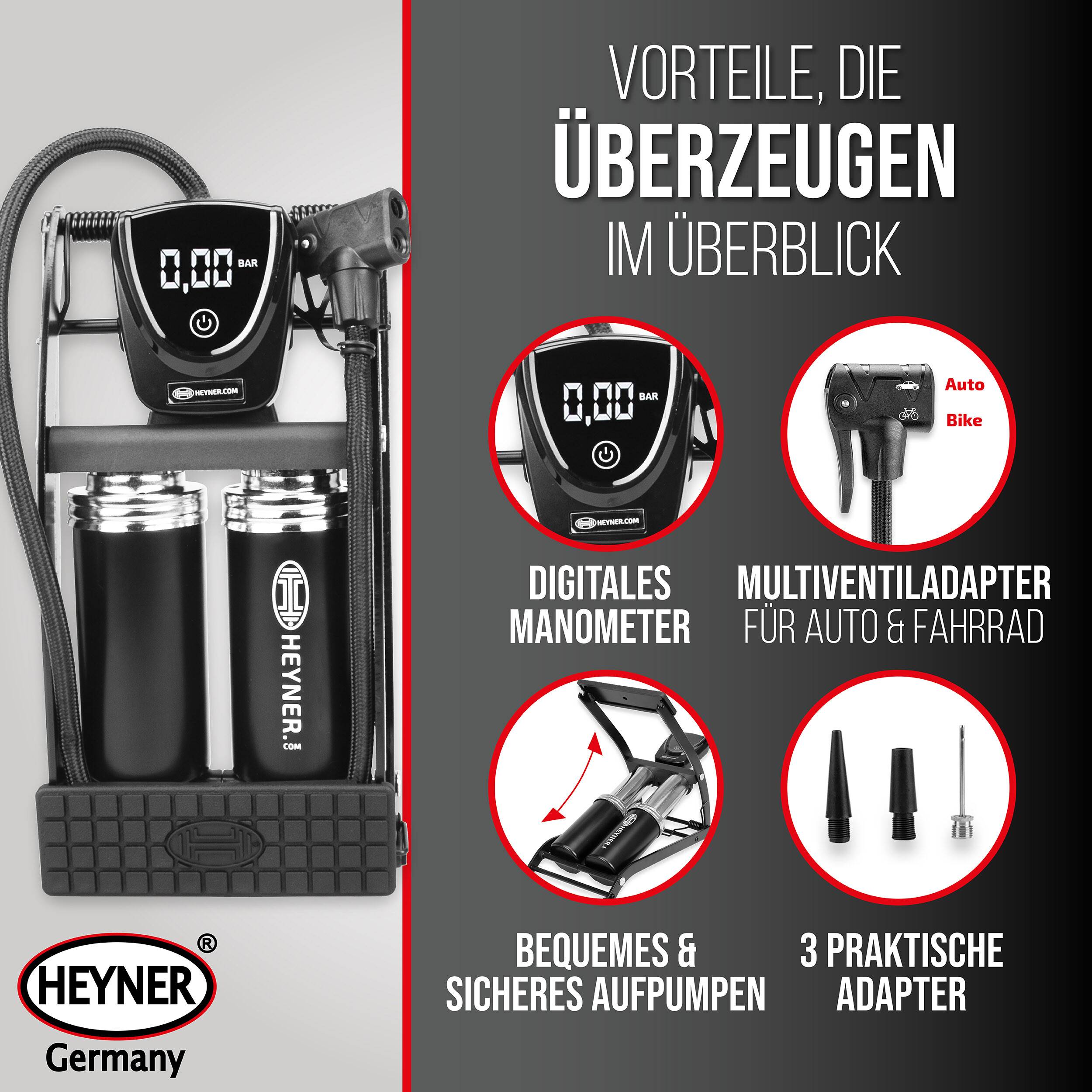 Heyner digitale Luftpumpe Funktionen: digitales Druckmanometer, komfortable Bedienung, enthält Auto-/Fahrrad-Adapter, drei praktische Düsen.