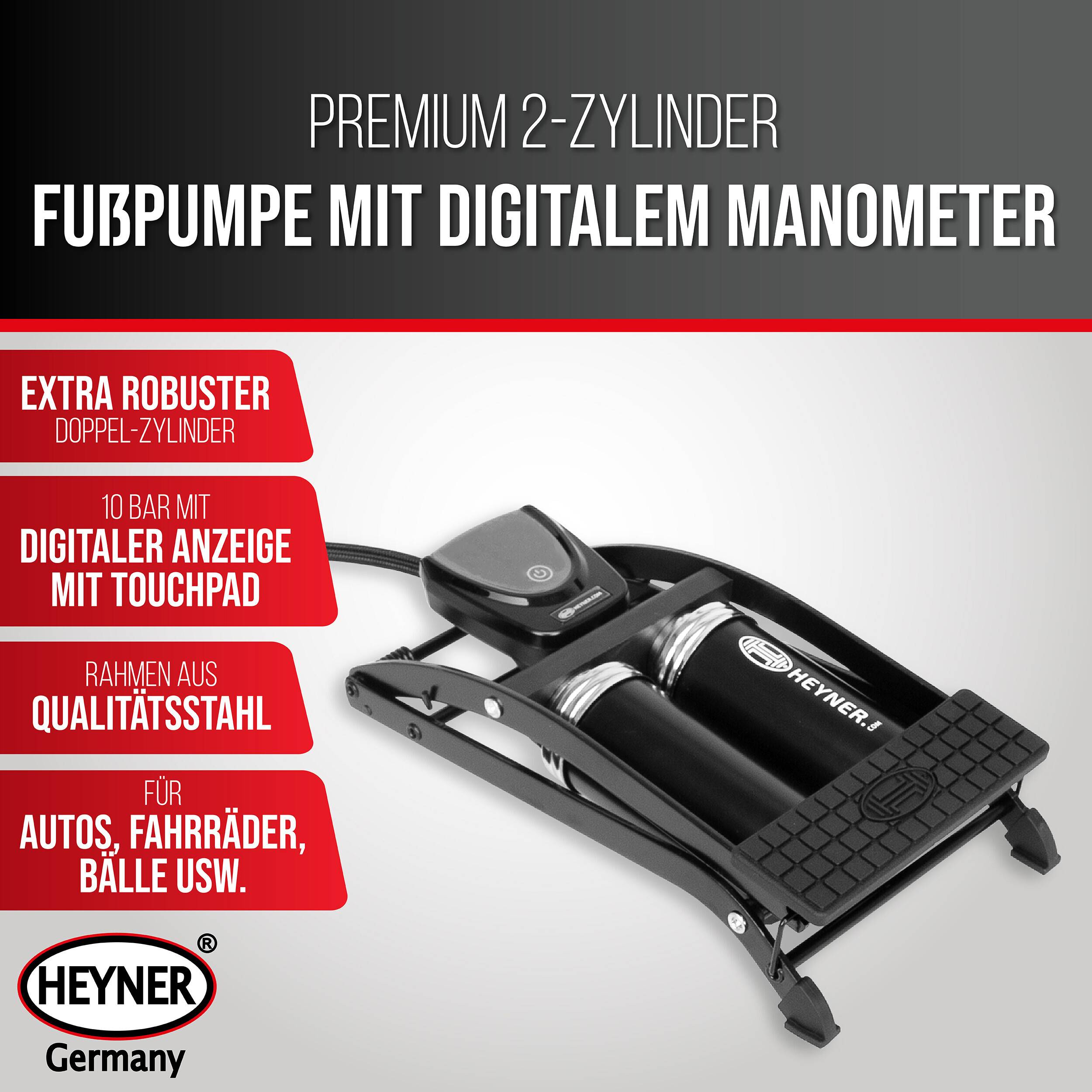 Eine Fußpumpe mit digitaler Anzeige wird gezeigt. Sie verfügt über einen stabilen Doppelzylinder und ein digitales Touchpad und ist für Autos, Fahrräder und Bälle geeignet.