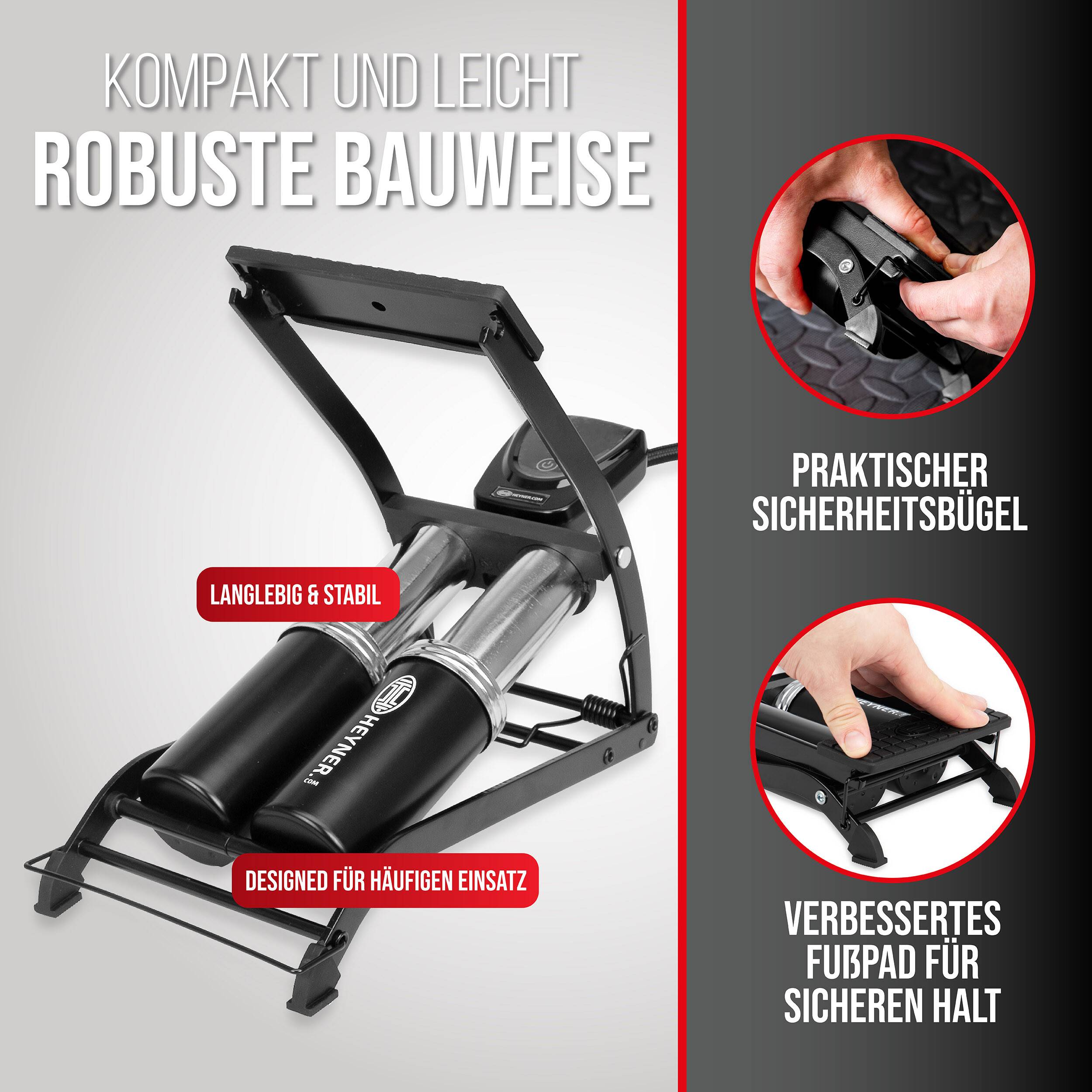 Tragbare Fußpumpe mit robustem Design und langlebigen Materialien, ausgestattet mit Funktionen wie Sicherheitsclip und verbessertem Fußgriff für zuverlässige Verwendung.