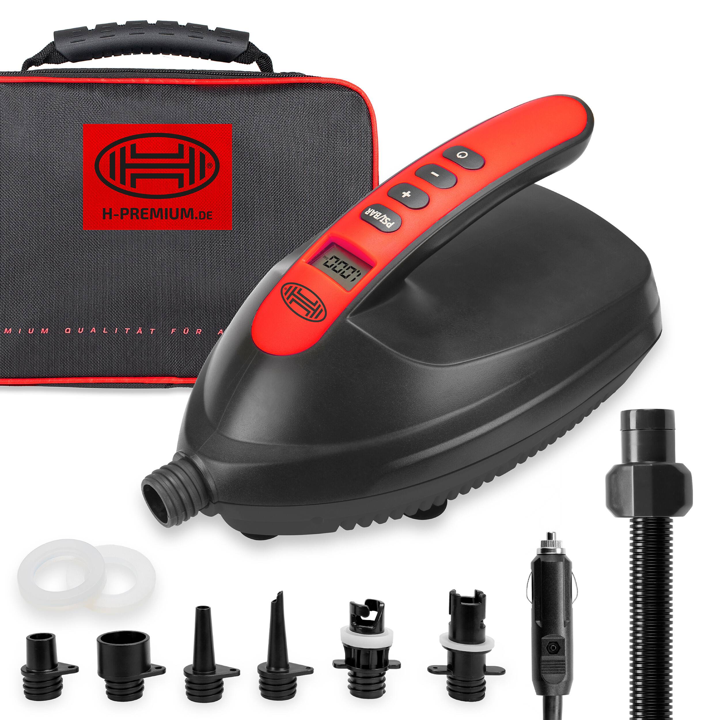 Tragbare elektrische Pumpe mit rotem Bedienfeld, Transportkoffer, Adapter-Düsen und Autostromstecker zum Aufpumpen von Gegenständen.