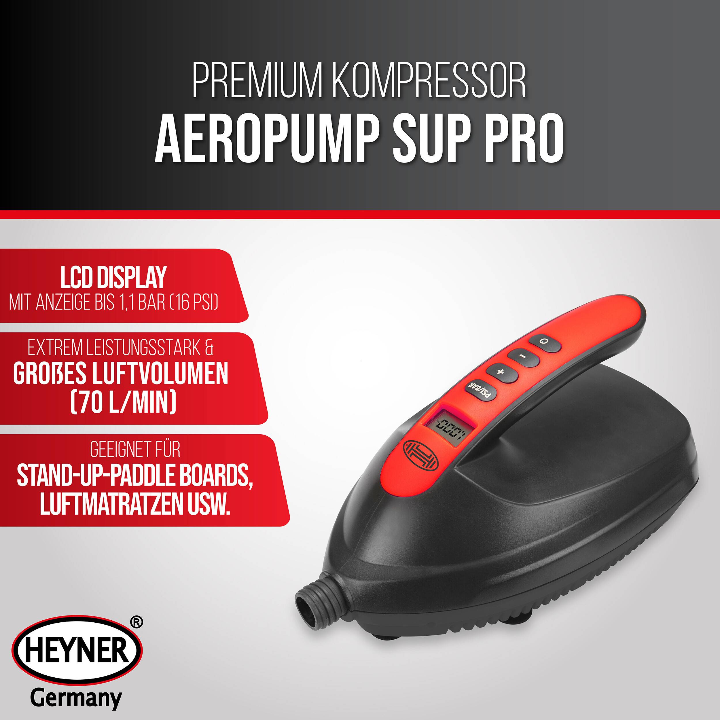 Werbebild des Heyner Aeropump Sup Pro Kompressors mit LCD-Display bis 1,1 bar (16 PSI), 70 L/min Luftdurchsatz, für Stand-up-Paddleboards und Luftmatratzen.