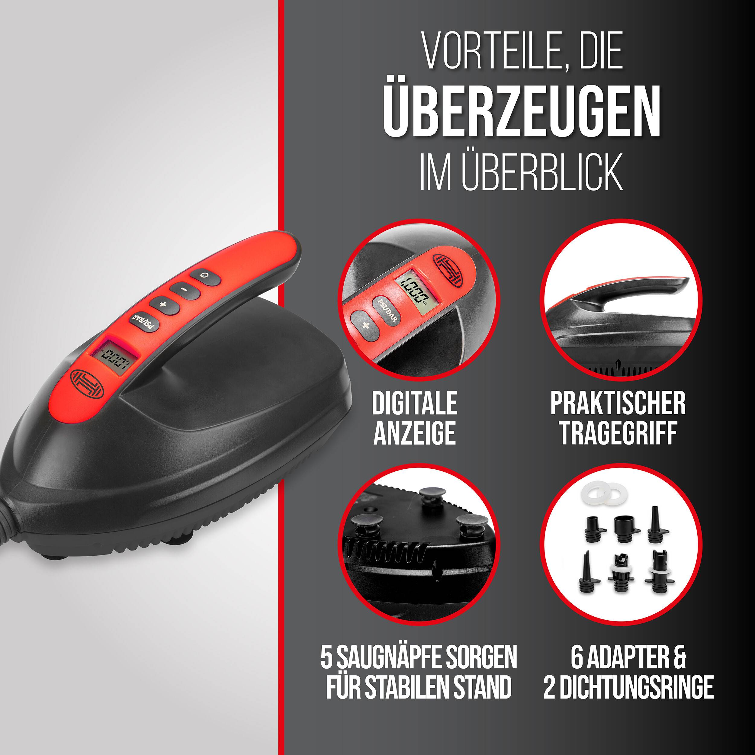 Produktanzeige für einen rot-schwarzen Saugnapf-Hebelgriff mit digitalem Display, praktischem Tragegriff, 5 Saugnäpfen, 6 Adaptern und 2 Dichtungsringen.