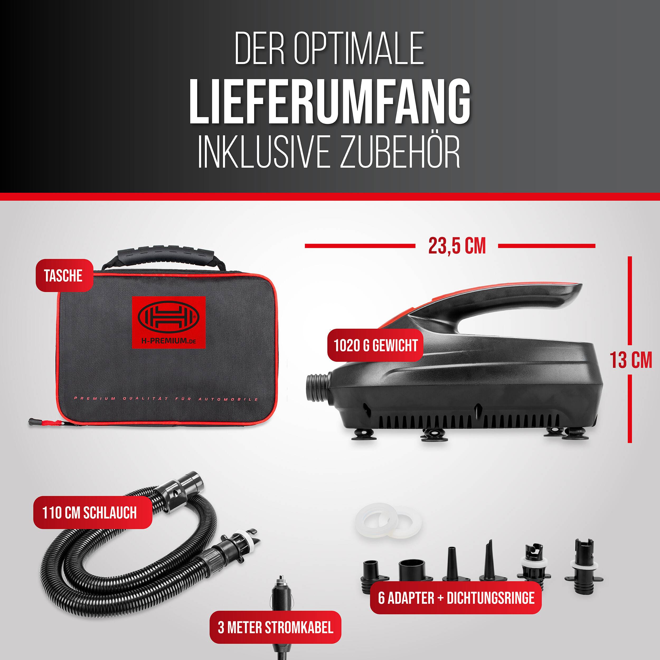 Grafik zeigt das optimale Lieferpaket mit einer Tragetasche, 110 cm Schlauch, 3 m Stromkabel, 6 Adaptern und Dichtungsringen, plus ein 1020 g Gerät mit den Maßen 23,5 cm mal 13 cm.