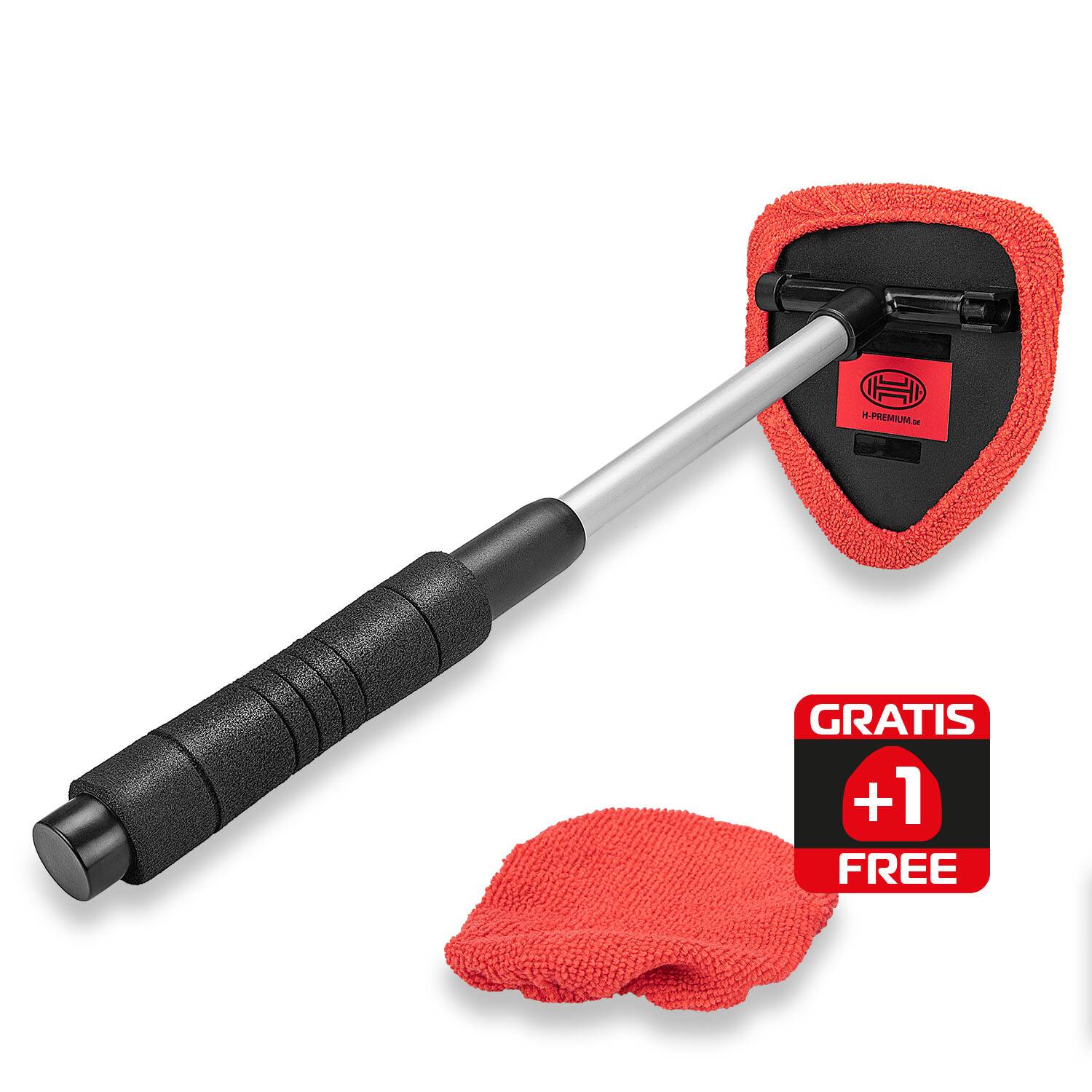 Ein langstieliges, rotes Microfaser-Reinigungstool mit dreieckigem Kopf. Inklusive einem zusätzlichen roten Tuch. Werbetext: ‚Gratis +1 Kostenlos'.
