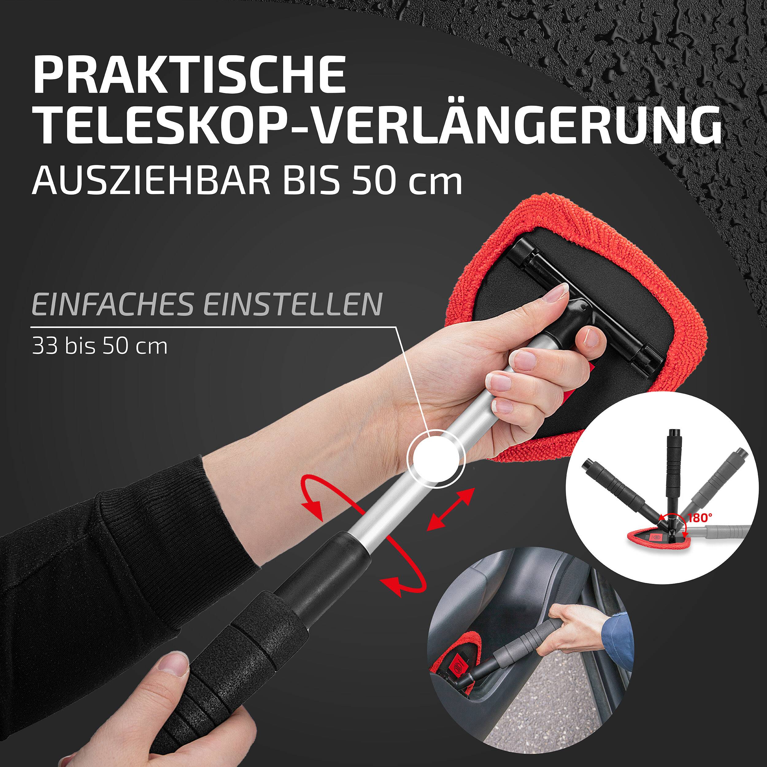 Diagramm, das einen ausziehbaren Teleskopstiel zum Reinigen zeigt, verstellbar von 33 bis 50 cm, mit einer Hand, die die einfache Längsenverstellung demonstriert.