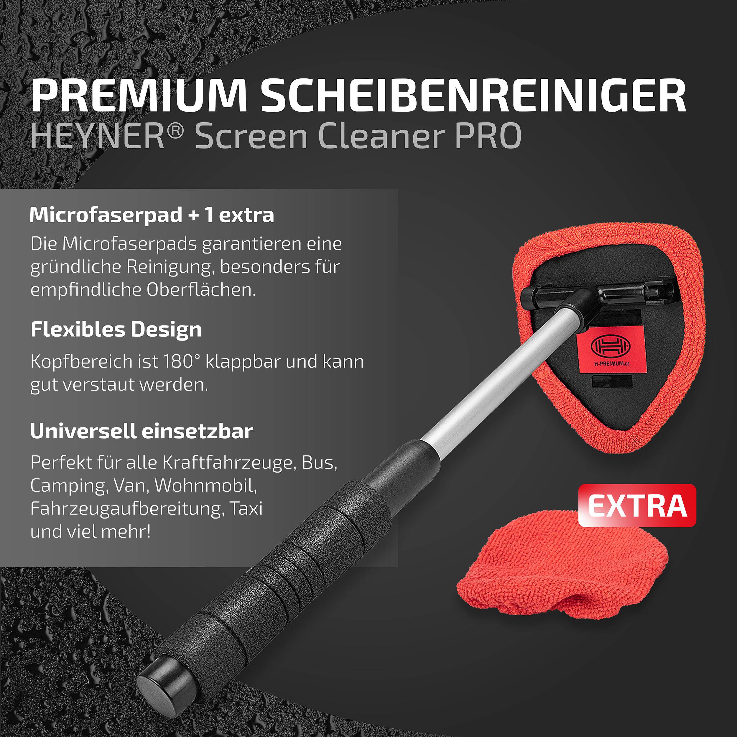 HEYNER® Scheibenreiniger ausziehbar aus Aluminium mit 2 Microfaserpads zwei waschbarer Ersatzbezüge, Teleskopstange