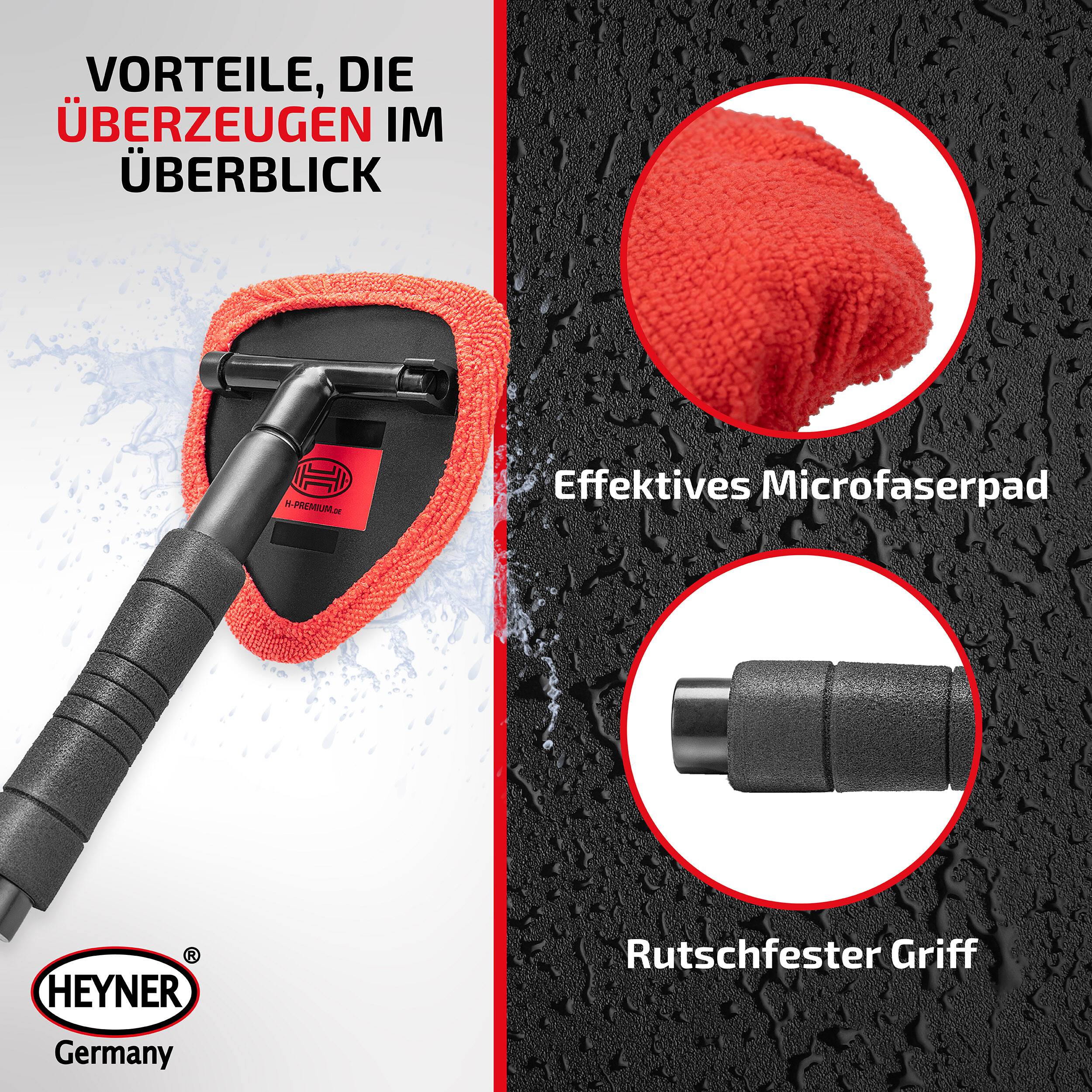 Produktbeschreibung für einen Fensterabzieher mit rotem Mikrofaserpad und rutschfestem Griff, gekennzeichnet mit 