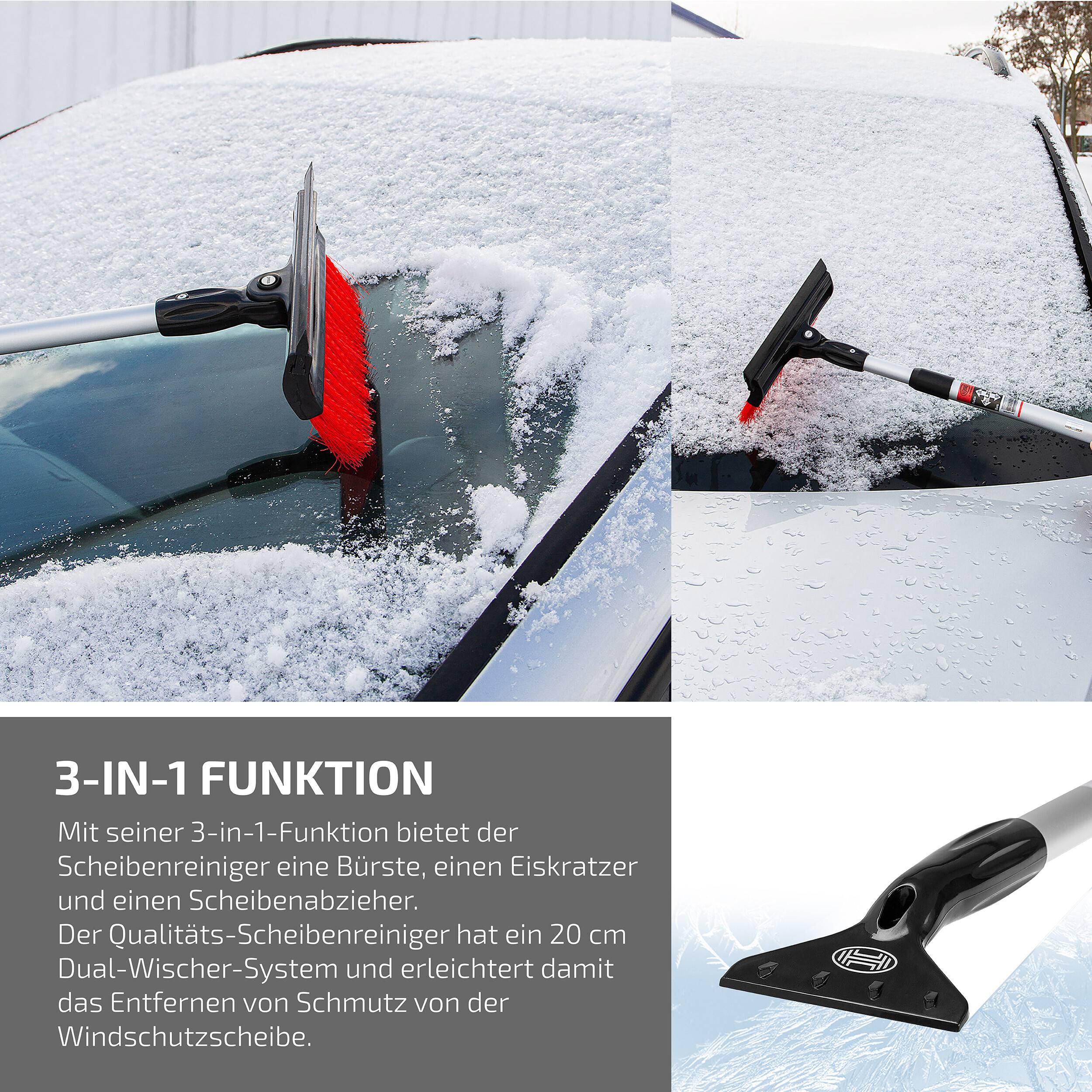 Werbegrafik mit einem 3-in-1-Windschutzscheiben-Werkzeug mit Bürste, Eiskratzer und Gummiabzieher, das Schnee und Eis von einem Autofenster reinigt.
