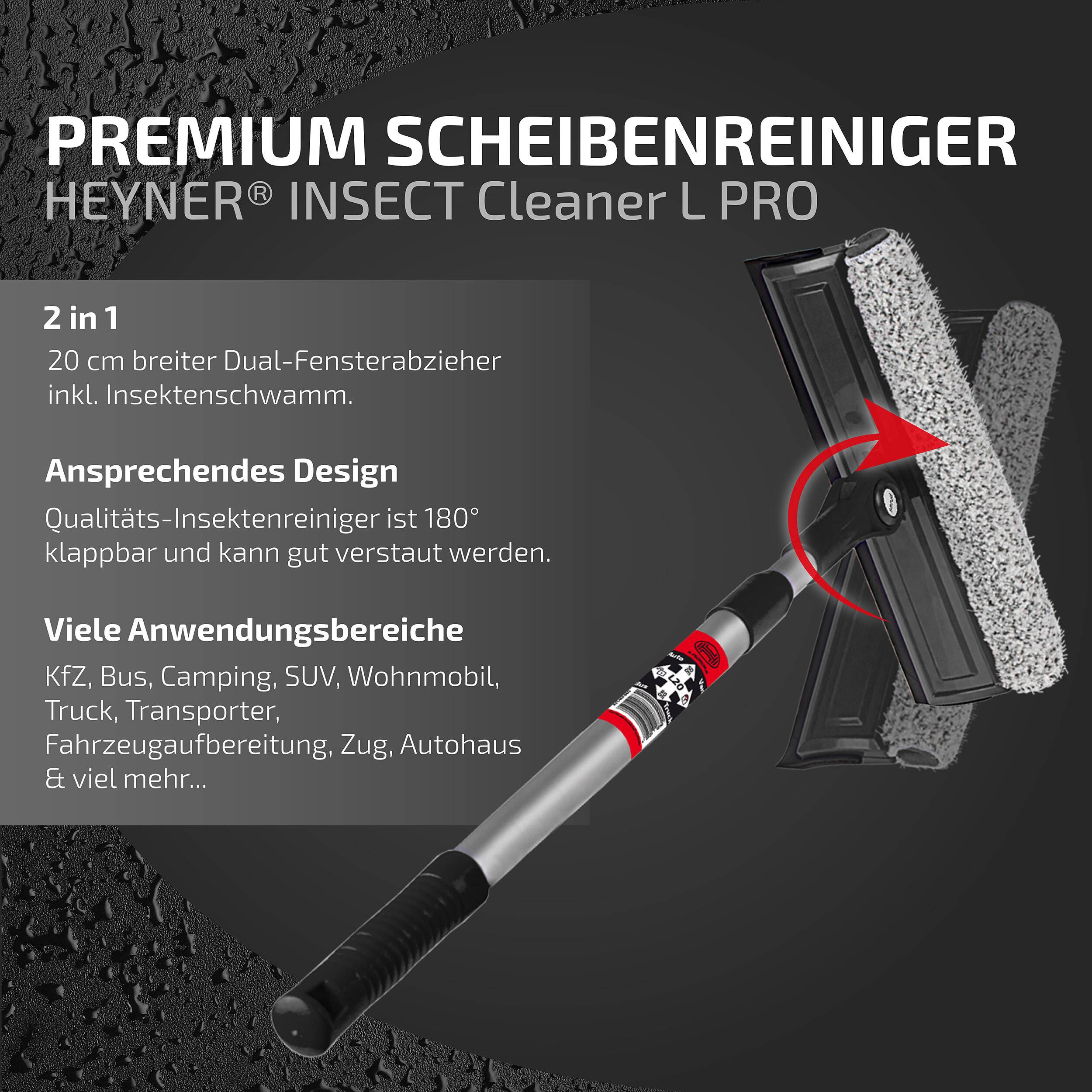 Anzeige für 'Premium Scheibenreiniger HEYNER Insect Cleaner L PRO' mit einem 2-in-1 20 cm Scheibenwischer mit Insektenschwamm, 180° faltbar für Autos, Busse, Lastkraftwagen, Wohnmobile und mehr.