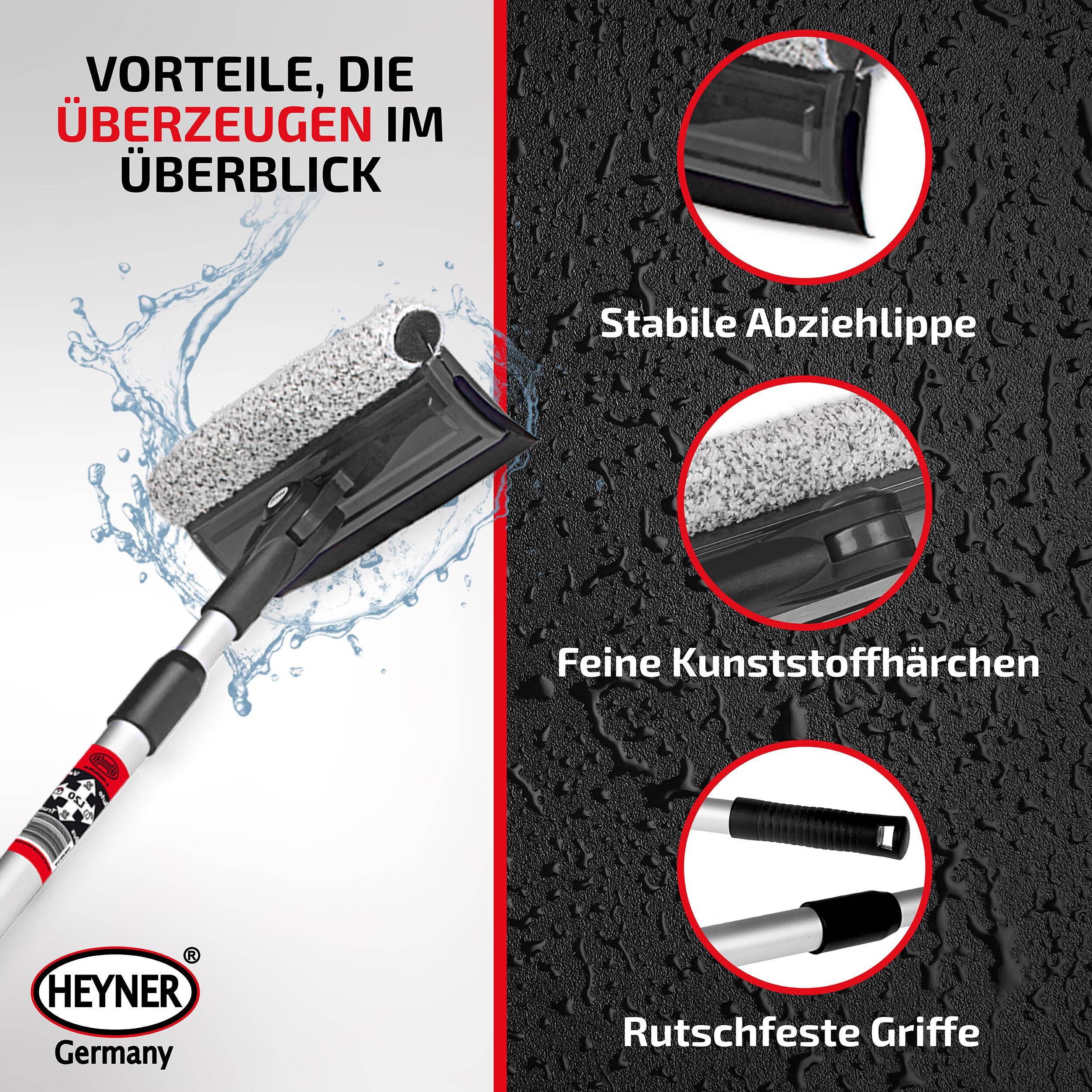 Werbegrafik eines HEYNER Germany Wasserabziehers mit drei Vorteilen: stabile Wischerlippe, feine Kunststoffborsten und rutschfeste Griffe.
