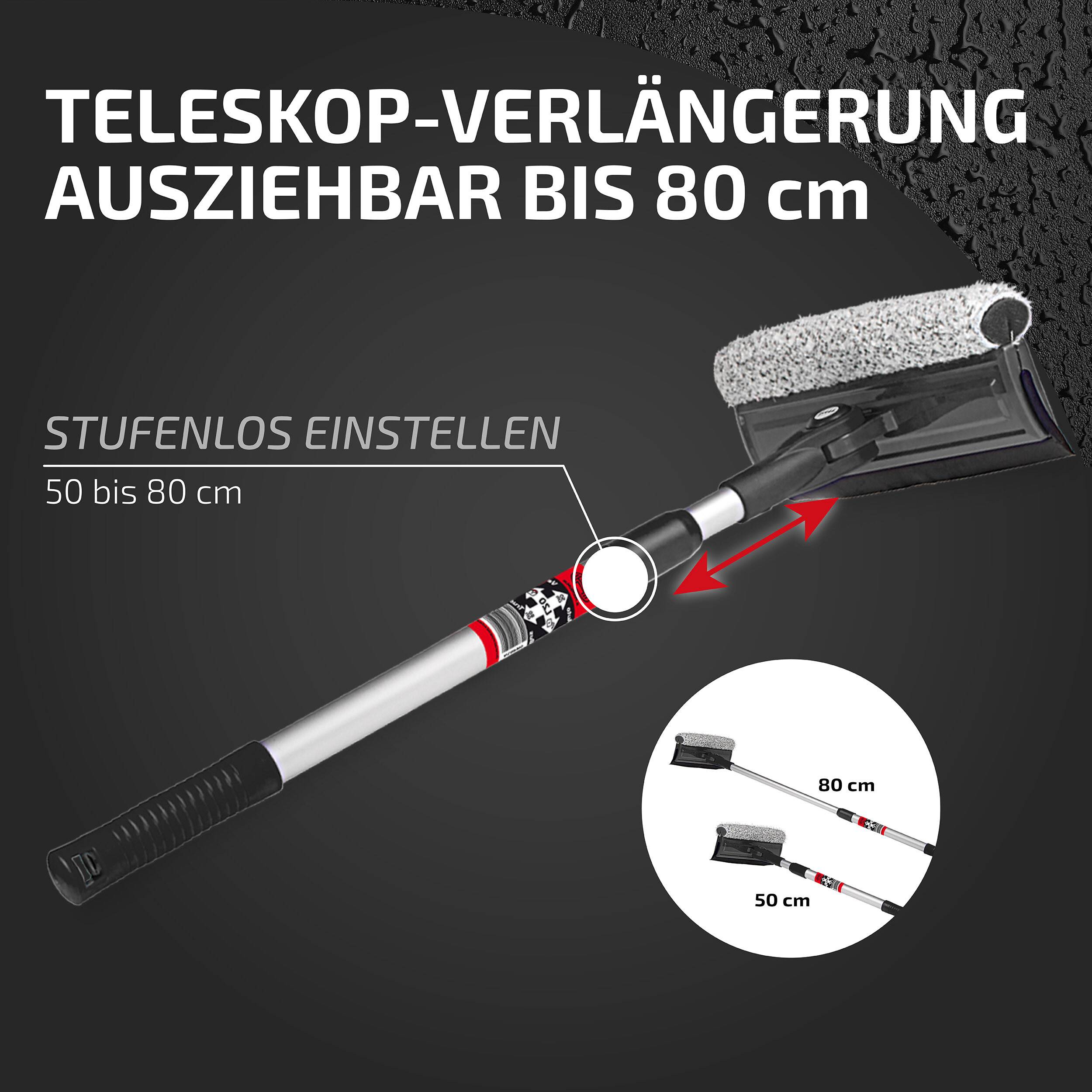 Illustration eines teleskopischen Mopgriffs, der sich von 50 bis 80 cm mit verstellbarer, stufenloser Länge und Pfeilen, die den gleitenden Bereich zeigen, erstreckt.