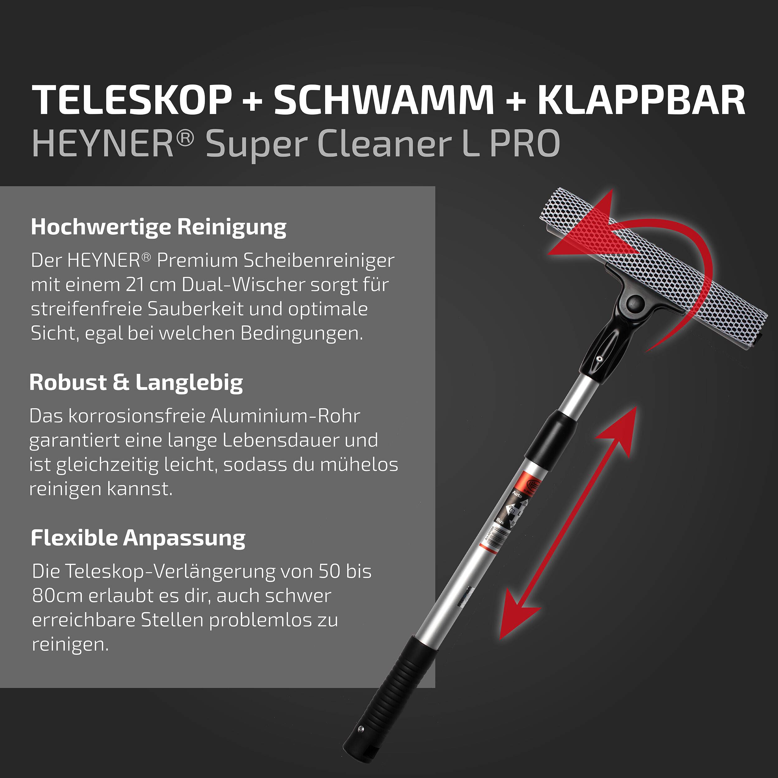 HEYNER® Scheibenreiniger 20 cm breit, faltbar, Stiel, Abzieher & Schwamm Fensterabzieher aus Aluminium, mit