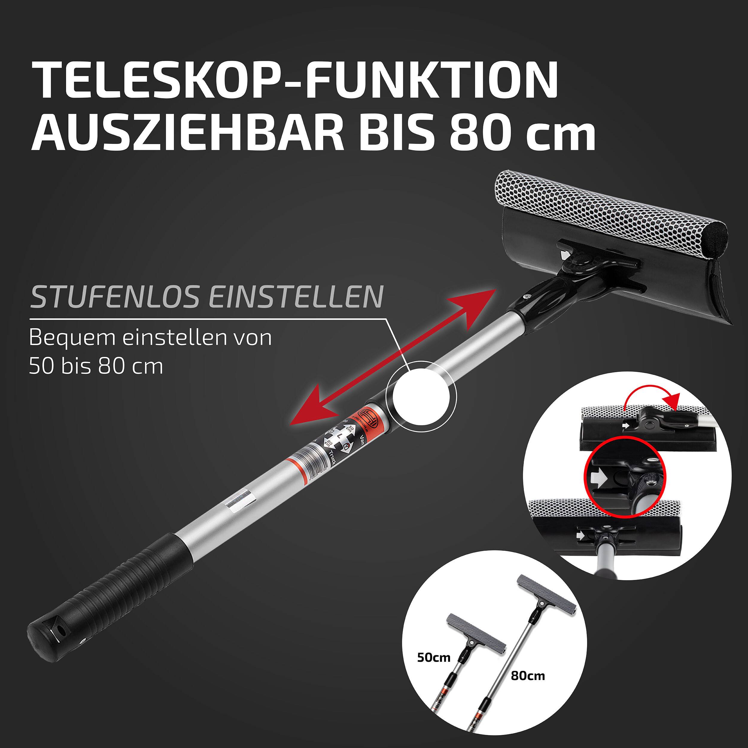 Teleskop-Fensterabzieher verlängert sich von 50 bis 80 cm mit stufenloser Verstellung; deutsche Etiketten erklären die Funktion und den Bereich.