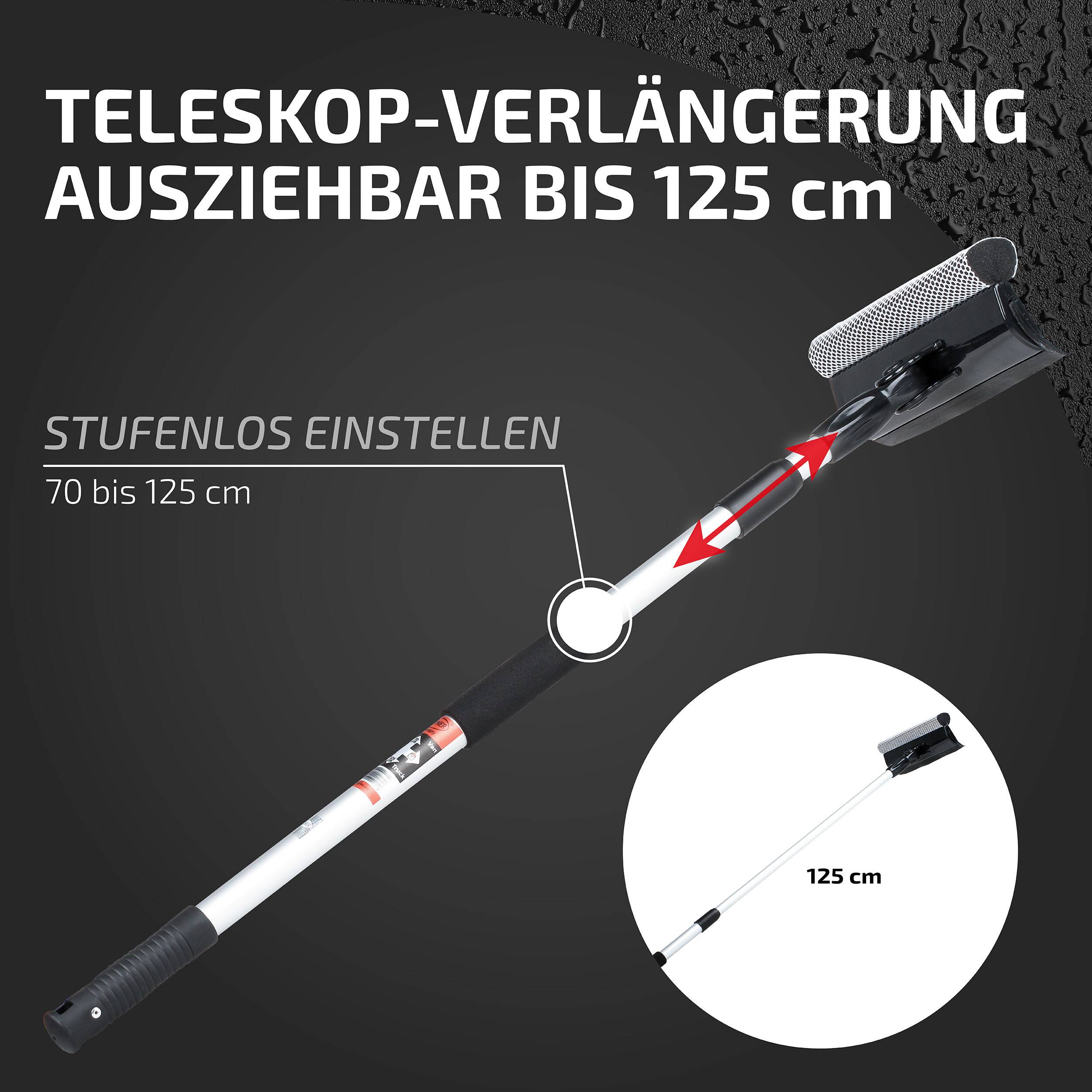 Infografik einer Teleskopverlängerungsstange, verstellbar von 70 bis 125 cm, mit Griff und Kopf dargestellt sowie Pfeilen, die die Längsenverstellung anzeigen.