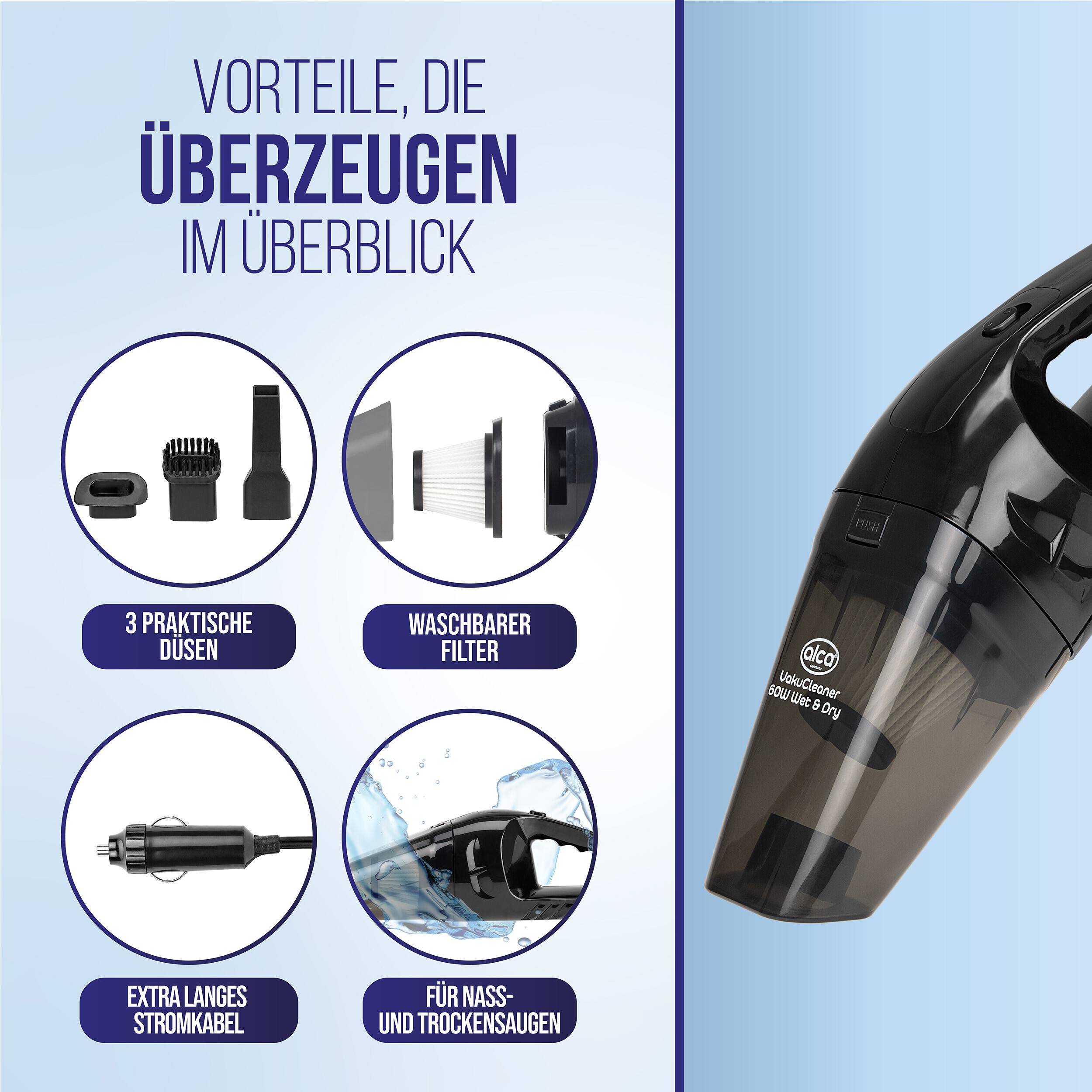 alca® Autostaubsauger 12V NASS/TROCKEN tragbarer Handstaubsauger 12 V