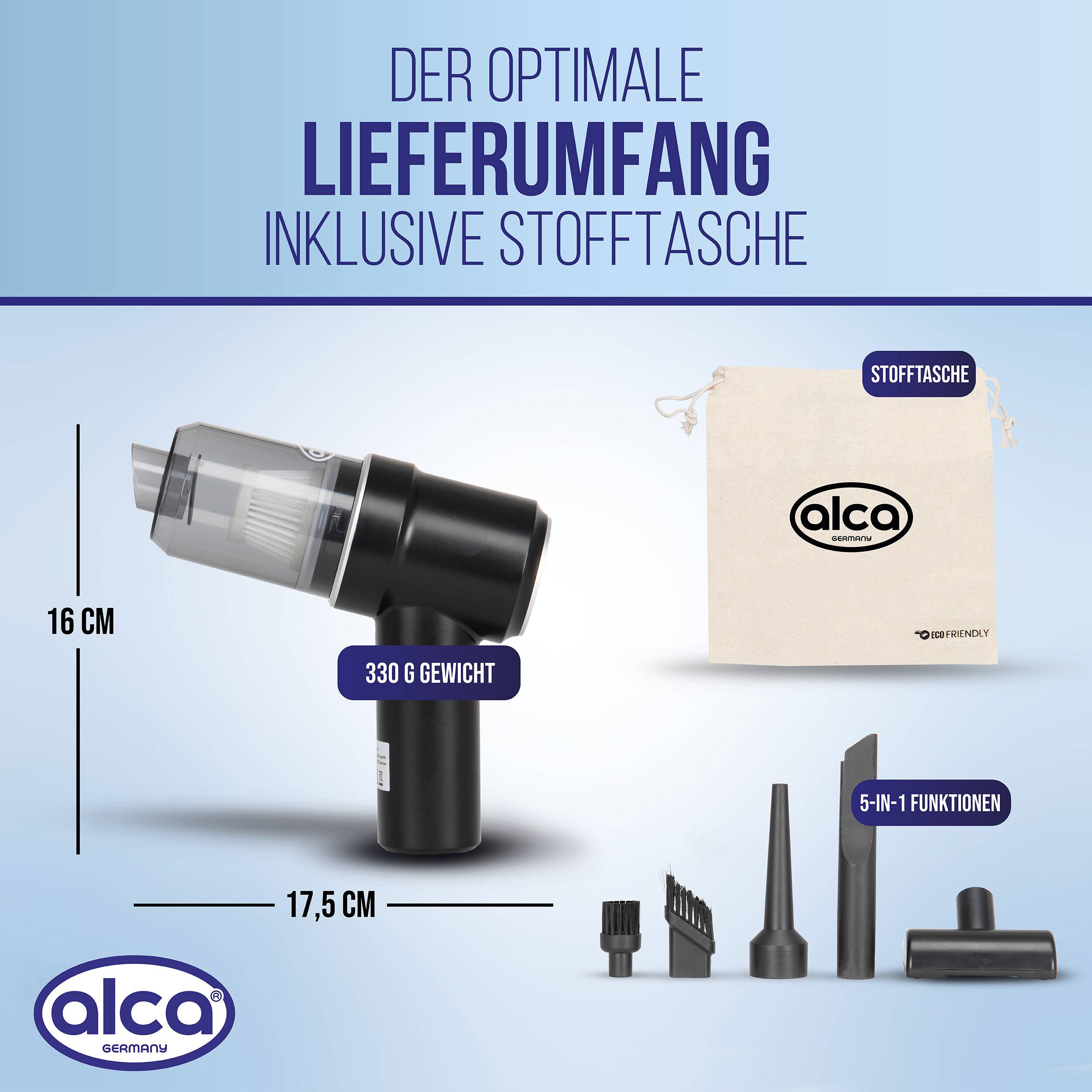 alca® Akku Handstaubsauger I kabelloser Autostaubsauger 50W 7,4V I 4500Pa Saugkraft I USB C I inkl. Düsen Blasfunktion