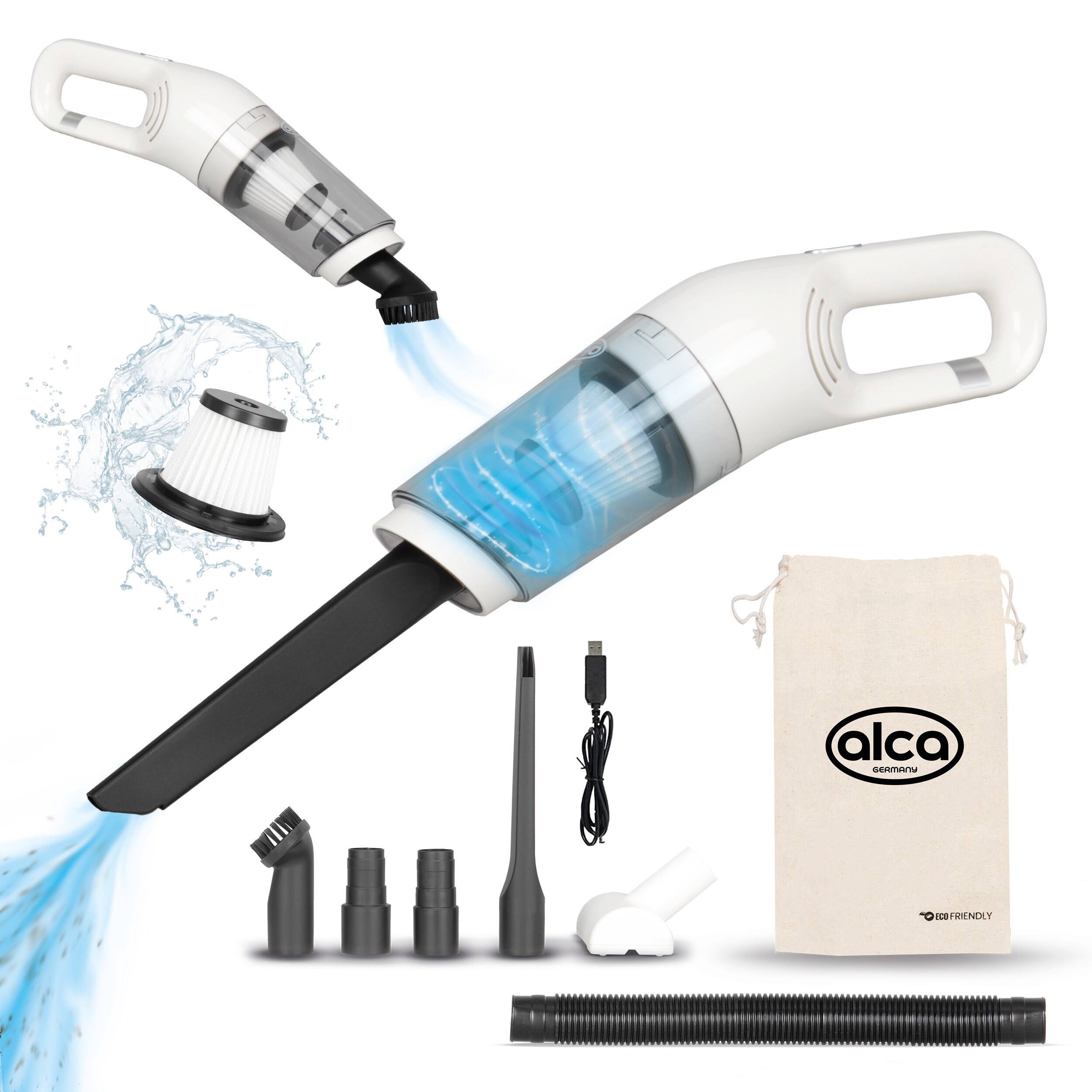 Handstaubsauger-Set mit mehreren Aufsätzen, ein Filter mit Wasserspritzereffekt präsentiert, Filterbeutel und Ladekabel im Lieferumfang enthalten.