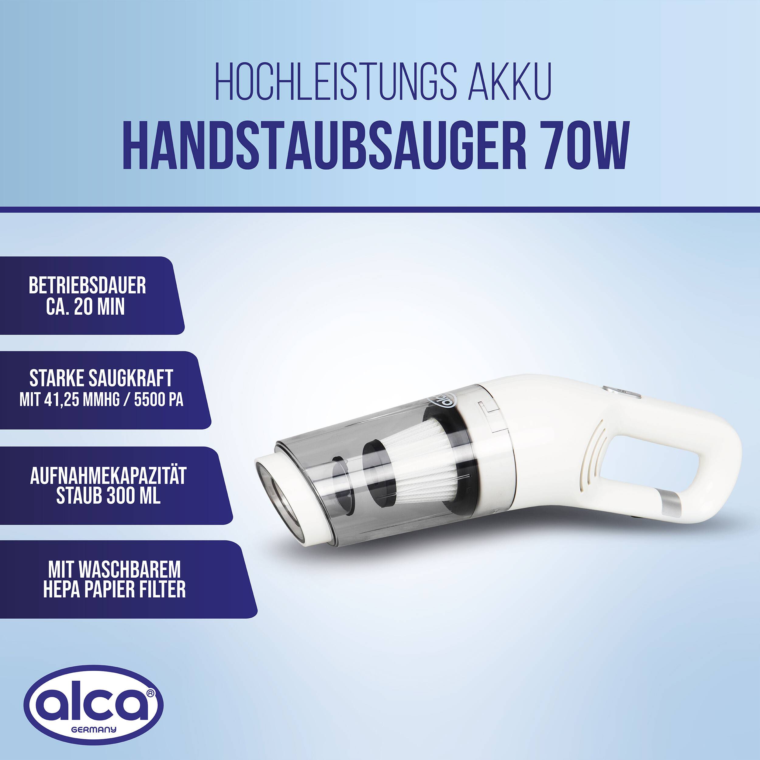 alca® Akku Handstaubsauger I kabelloser Autostaubsauger 70W 7,4V I 5500Pa Saugkraft I USB C I inkl. Beutel I weiß