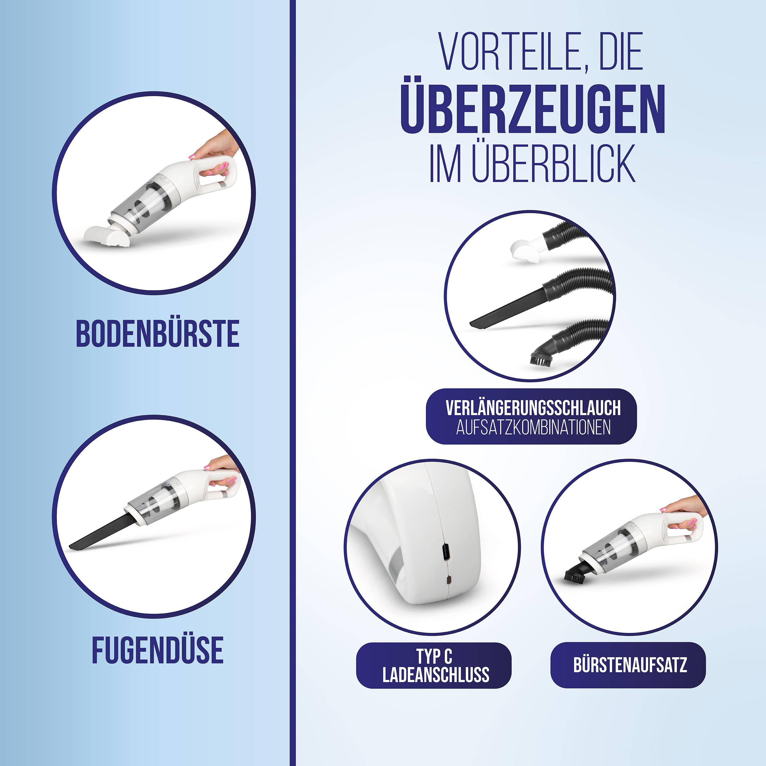 alca® Akku Handstaubsauger I kabelloser Autostaubsauger 70W 7,4V I 5500Pa Saugkraft I USB C I inkl. Beutel I weiß