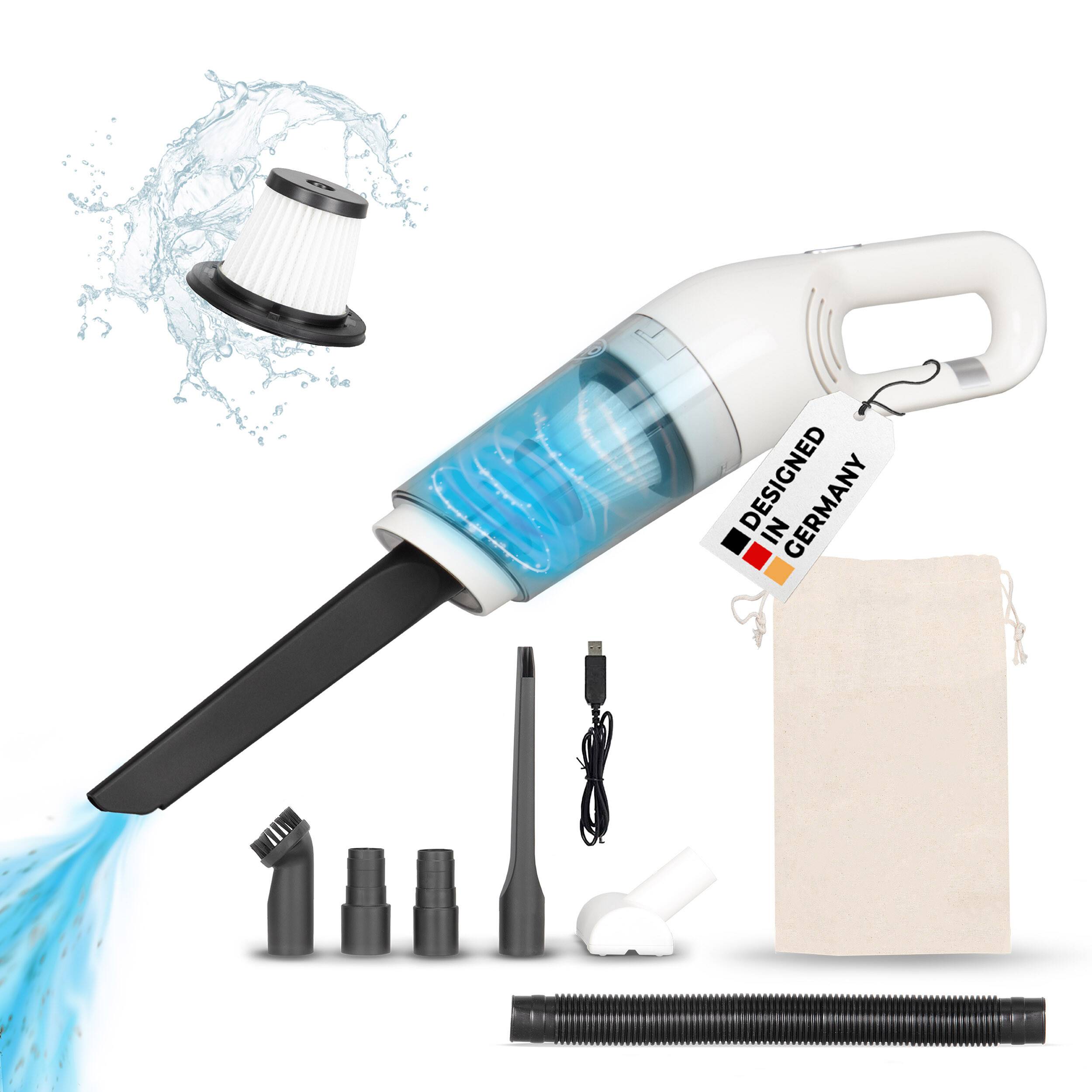 Tragbarer kabelloses Staubsauger mit blauer durchsichtiger Staubkammer, abgebildet mit Zubehör, Ladekabel und Filter auf weißem Hintergrund.