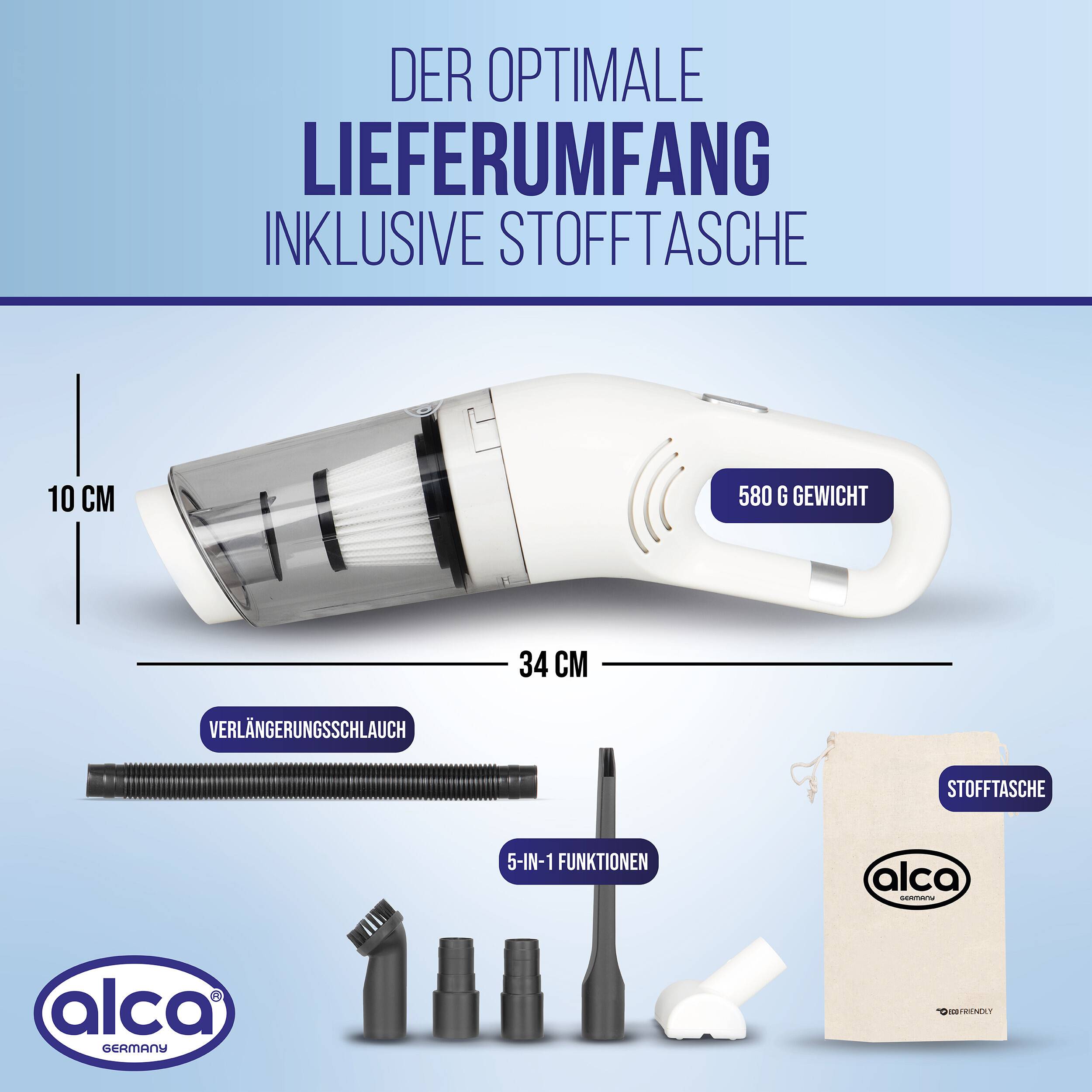 Infografik mit den optimalen Liefereigenschaften: ein tragbarer Handstaubsauger mit einer Länge von 34 cm, einer Höhe von 10 cm und einem Gewicht von 580 g, plus Verlängerungsschlauch, 5-in-1-Aufsätze und Stoffbeutel.