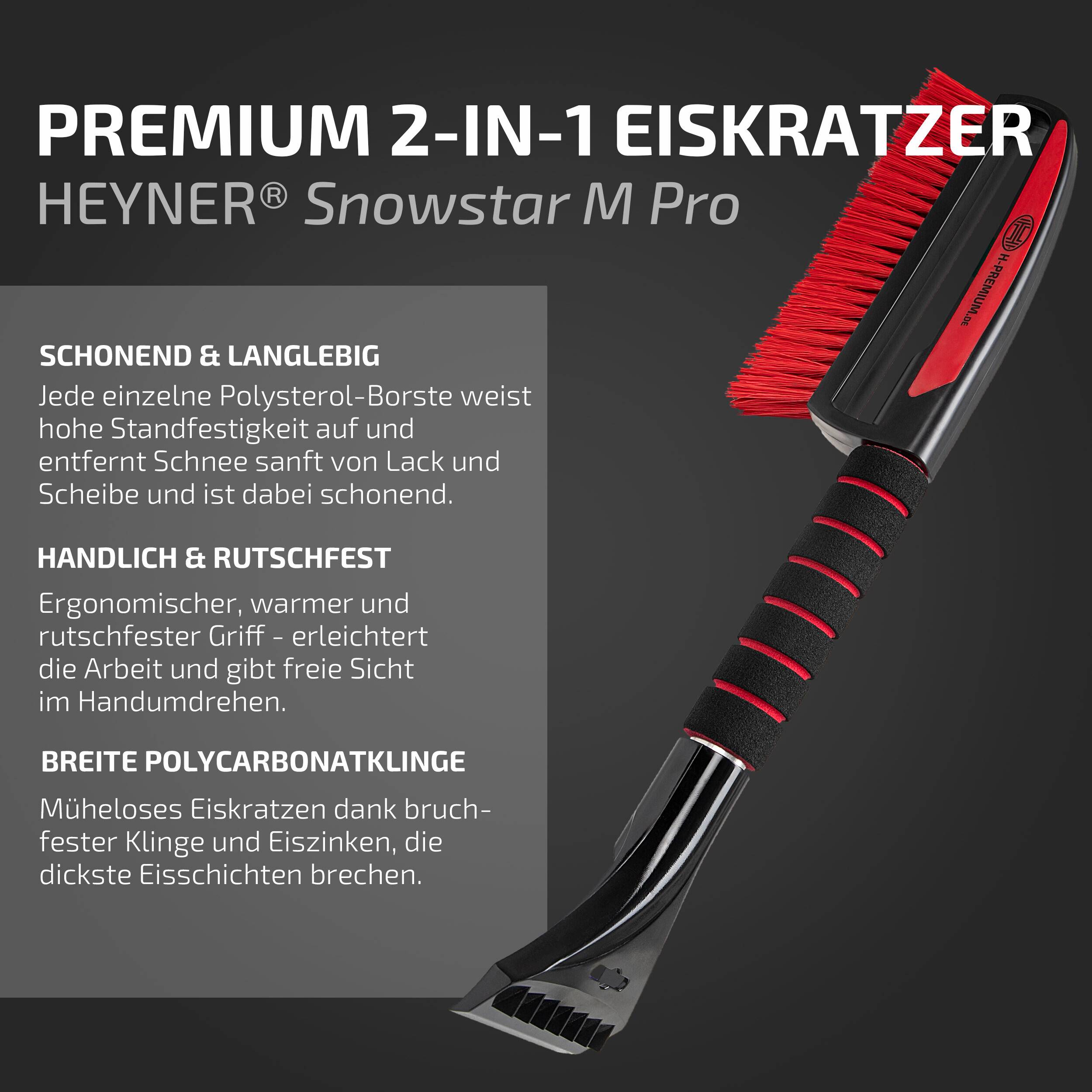 HEYNER® Eiskratzer Auto mit Besen TESTSIEGER 2024 * 9cm Klinge I mit Schneebesen mit 3cm x 22cm aus Polysterol I