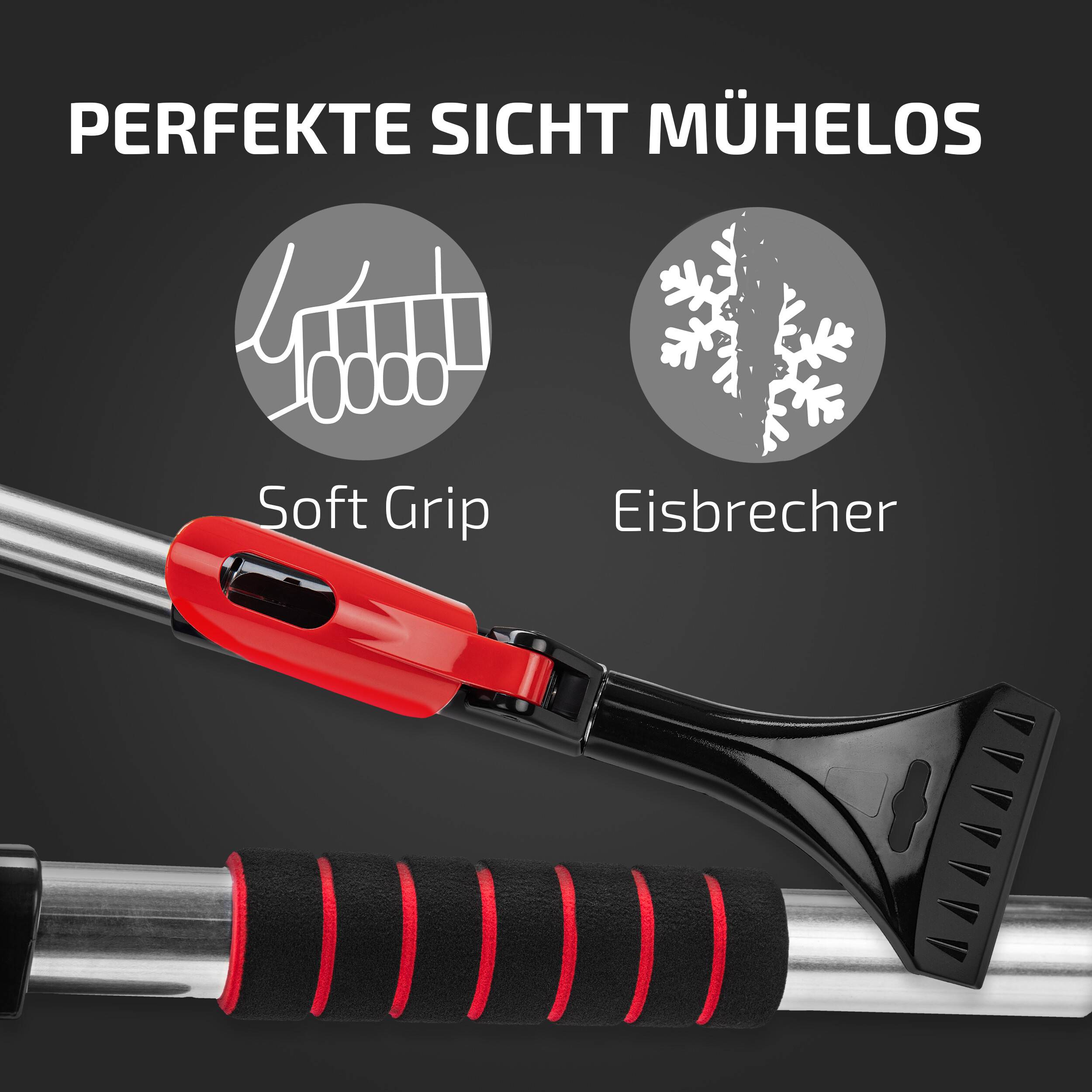 Eiskratzer für Windschutzscheibe mit weichem Griffgriff, dargestellt mit deutschem Text „PERFEKTE SICHT MÜHELOS