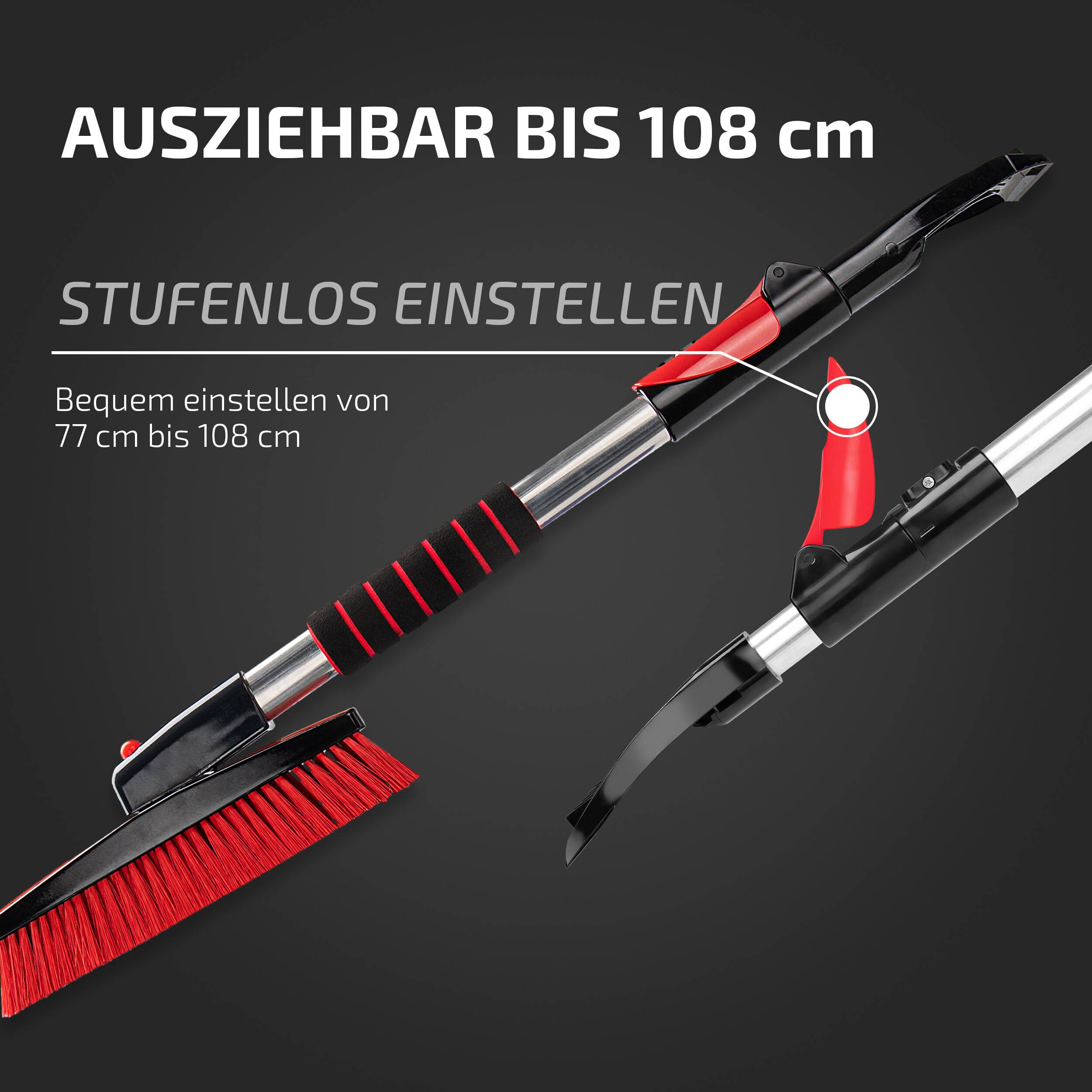 Teleskop-Schneebürste mit Schaber, verstellbar von 77 cm bis 108 cm, gezeigt beim Ausfahren und Verriegeln bei verschiedenen Längen.
