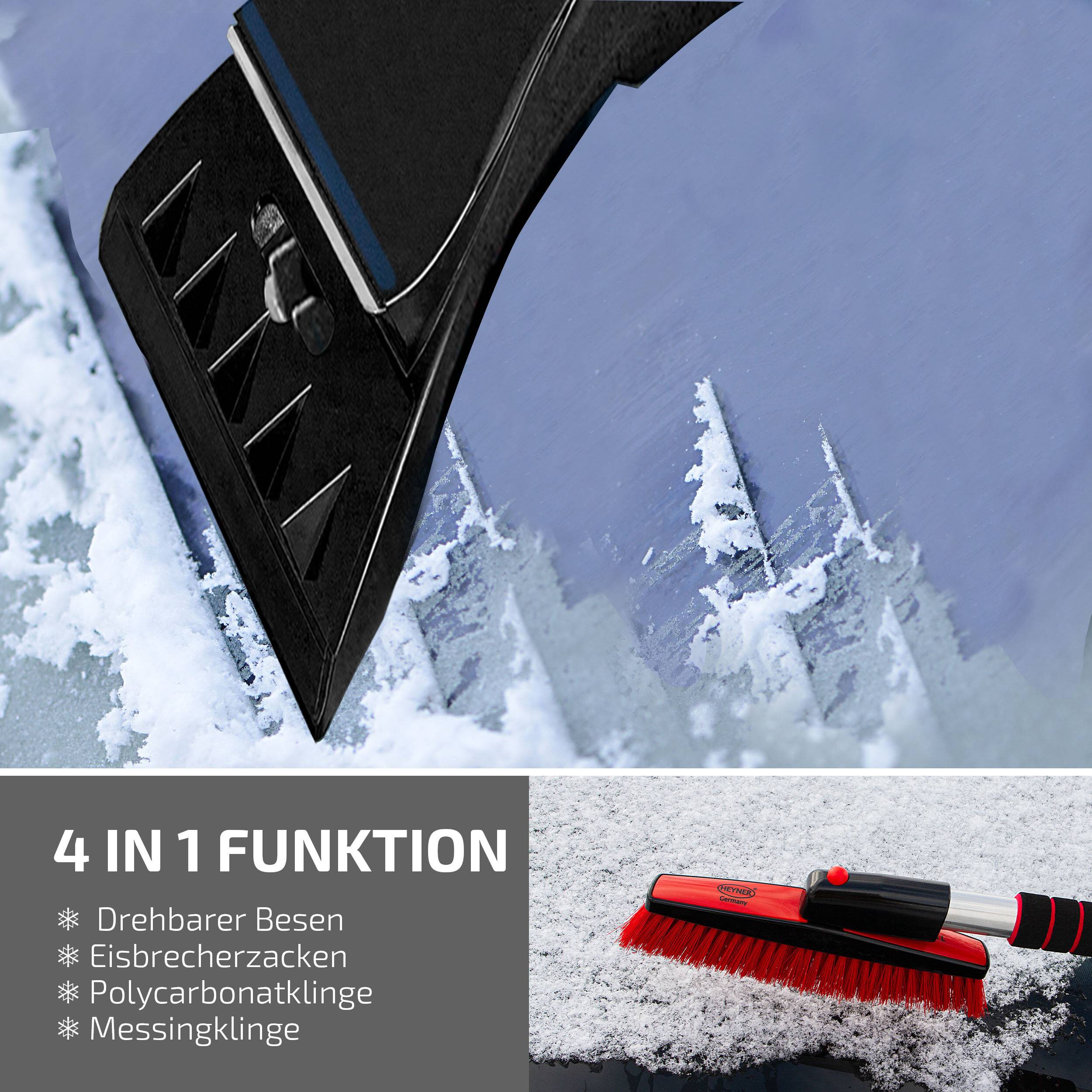 HEYNER® Eiskratzer mit Besen Scheibenkratzer mit Messingklinge, ausziehbar mit drehbarer Schneebürste