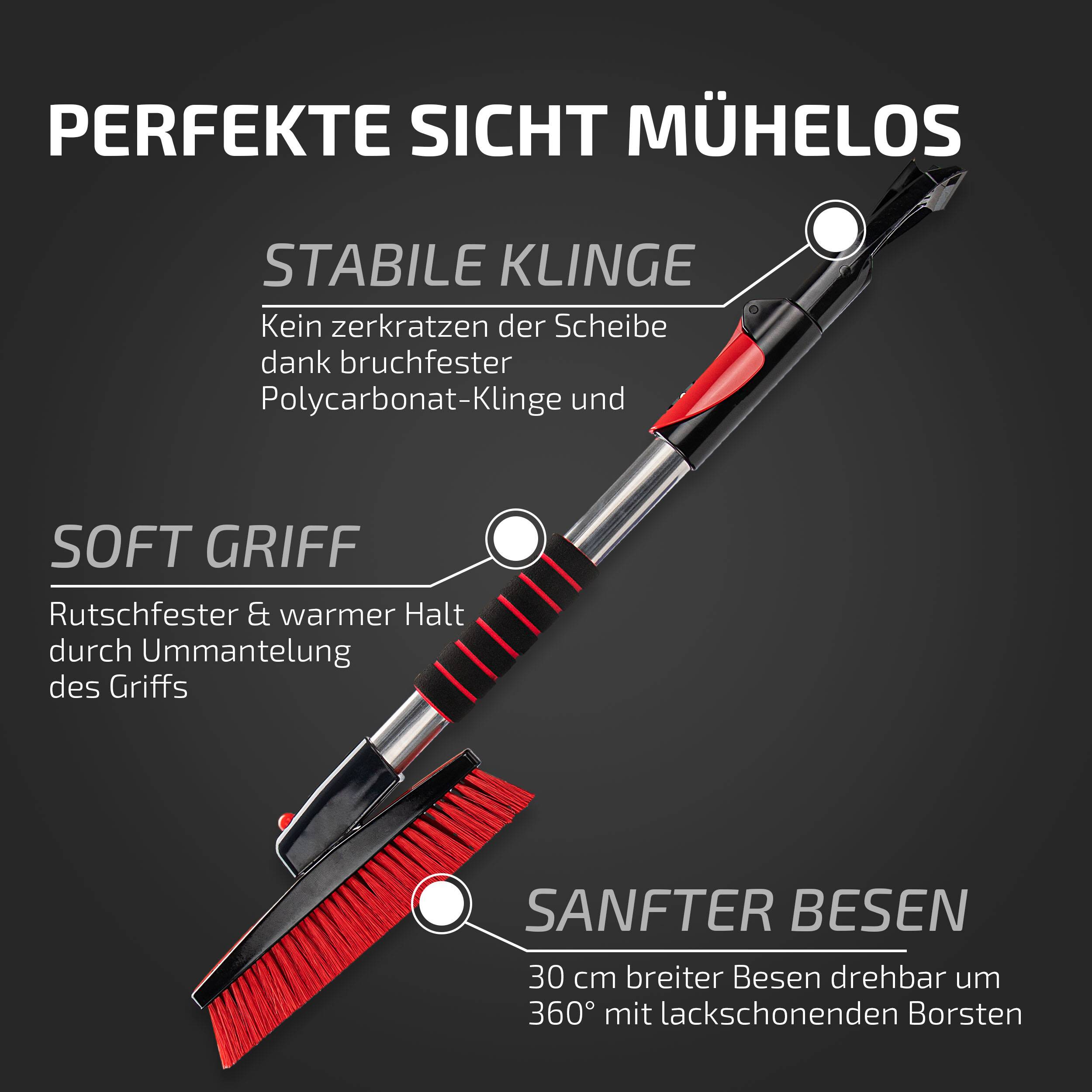 Eine Schneebürste mit roten Borsten, einer robusten Polycarbonatklinge und einem weichen, rutschfesten Griff; Details in deutscher Sprache.