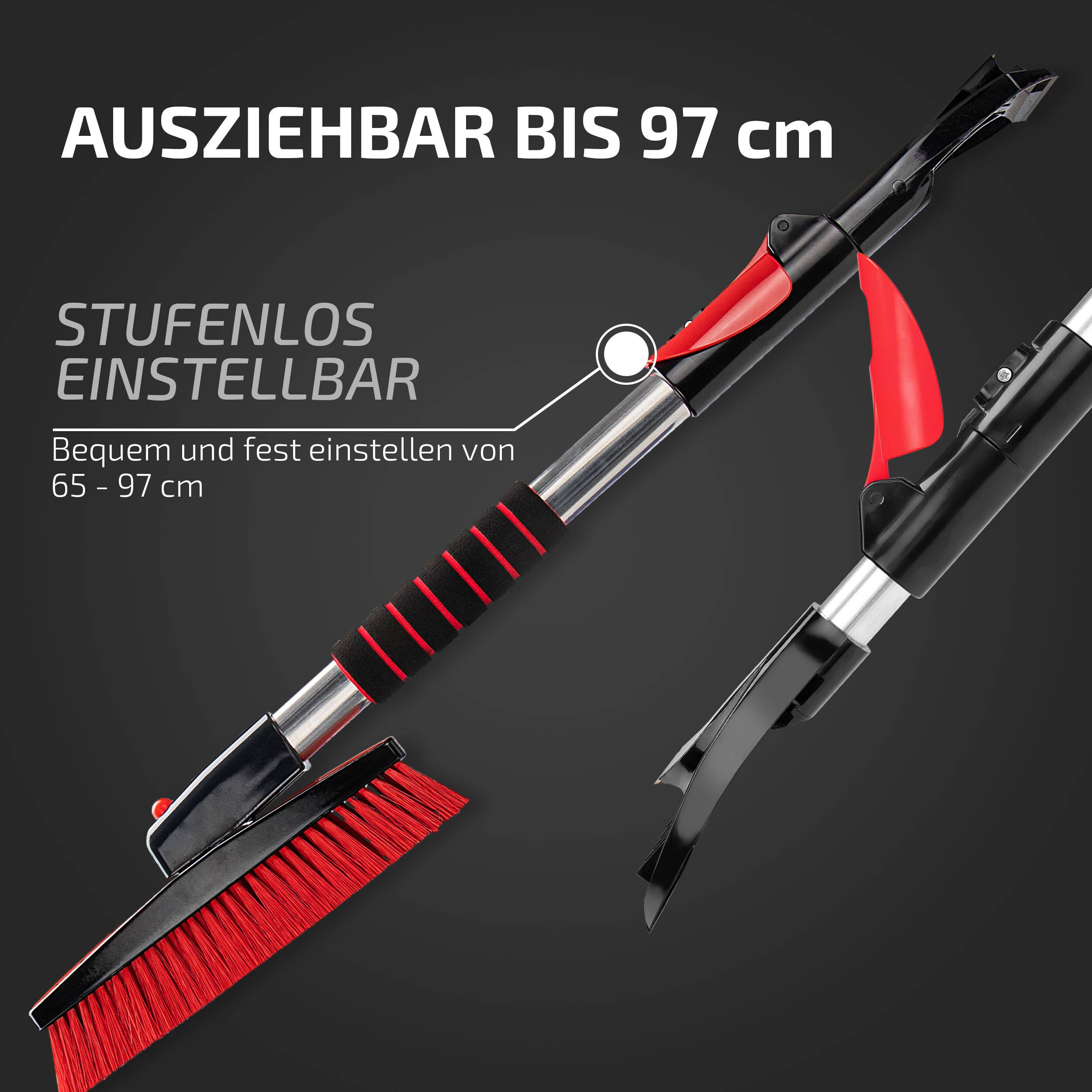 Ein Teleskopbesen mit verstellbarer Länge von 65 bis 97 cm, ausgestattet mit einem roten Griff und schwarzen Borsten, hervorgehoben mit Text in deutscher Sprache.