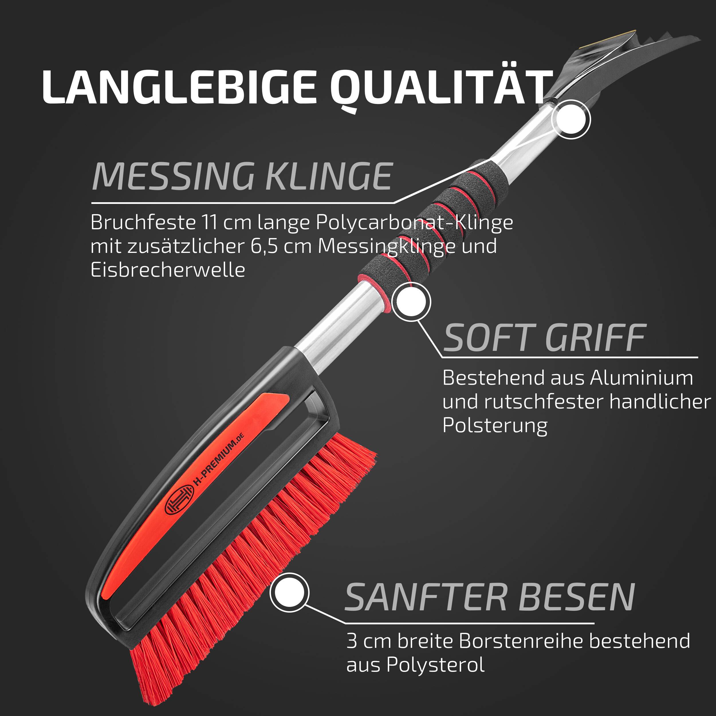 Diagramm einer Schneebürste mit Beschriftungen, die Langlebigkeit, Messingklinge, ergonomischer Griff und sanfte Borsten hervorheben.
