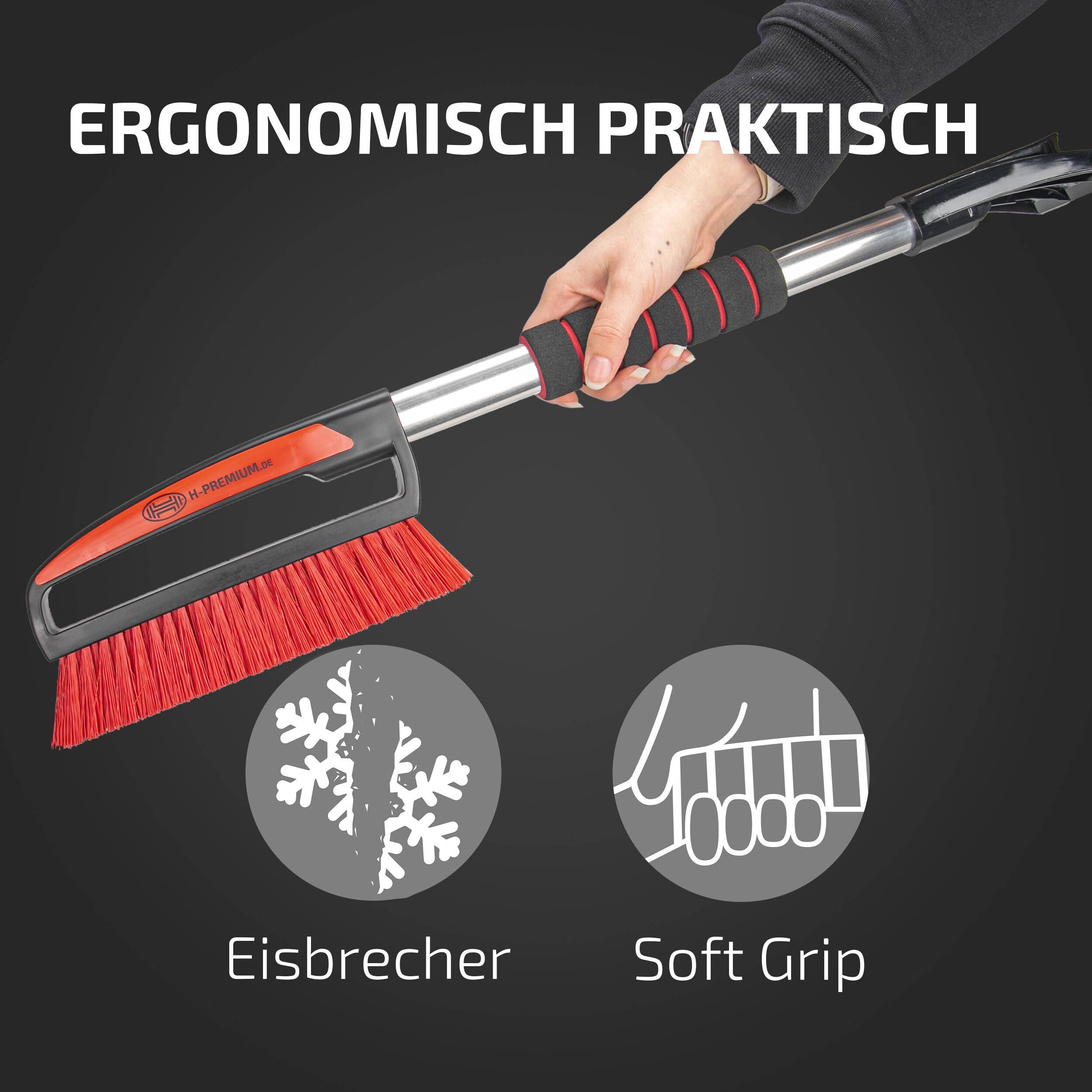 Eine Hand hält eine Eiskratzerbürste mit verlängertem Griff; der Text lautet „ERGONOMISCH PRAKTISCH