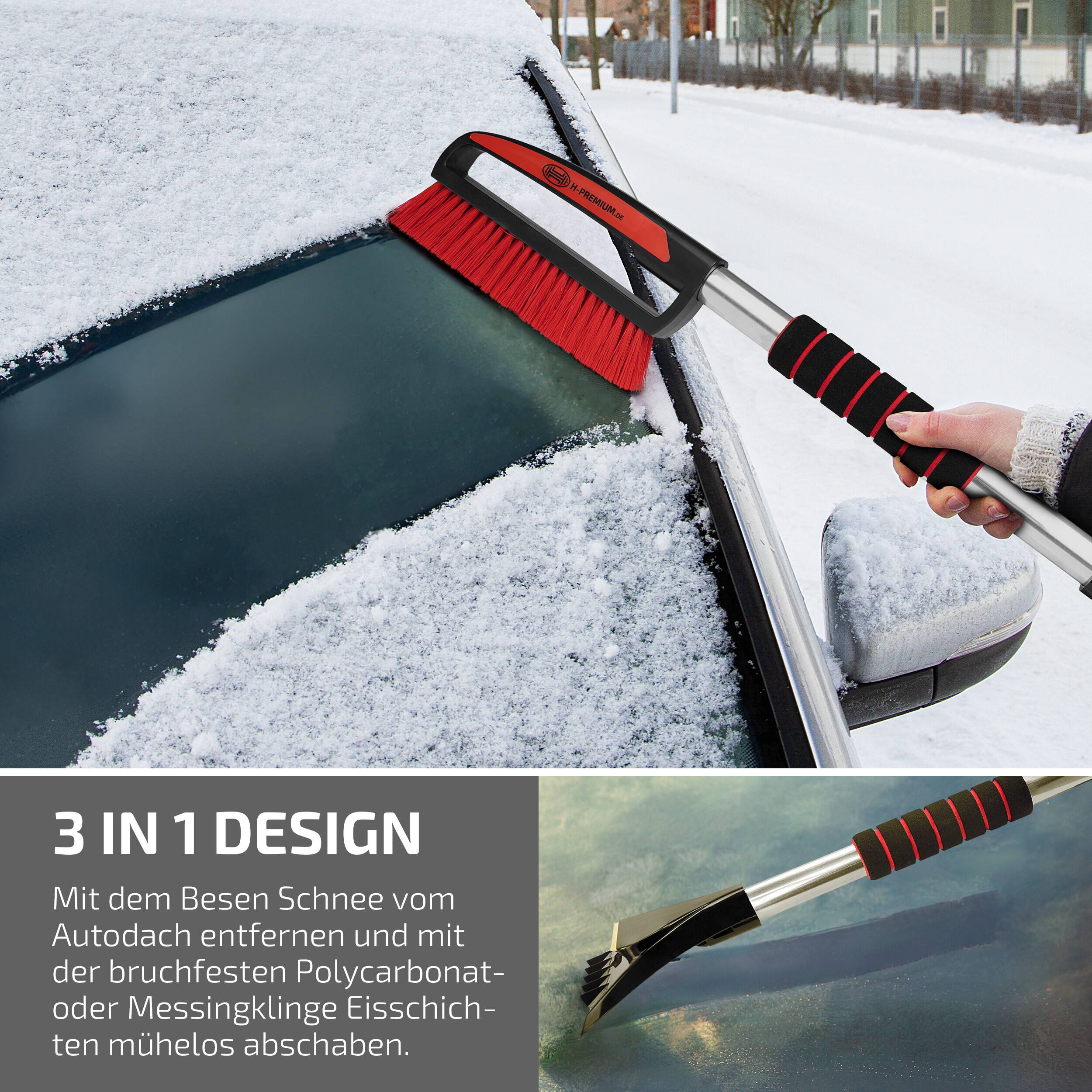 Schneebürste mit Eiskratzer zum Entfernen von Schnee und Eis von einer Autoscheibe; eingeblendeter Text besagt „3-IN-1-DESIGN